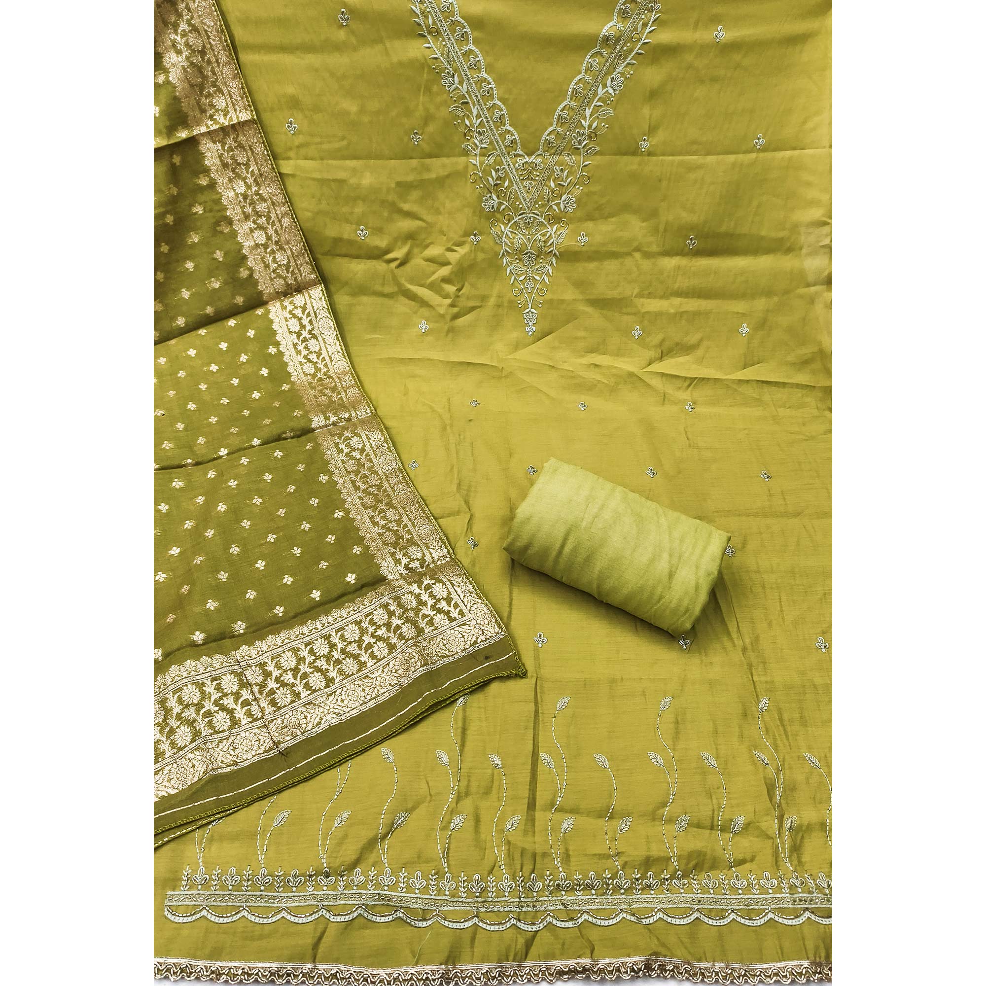 Exclusive Green Floral Embroidery Viscose Dress Material Enhanced With Cutdana Handwork Accents - Image 4