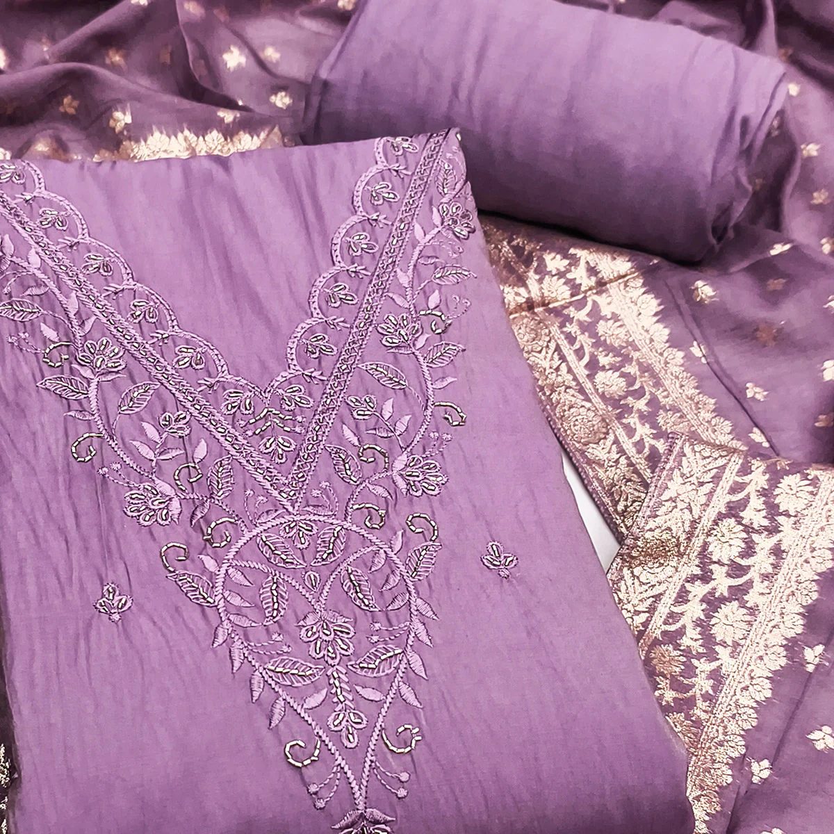 Exclusive Lavender Floral Embroidery Viscose Dress Material Enhanced With Cutdana Handwork Accents - Image 2