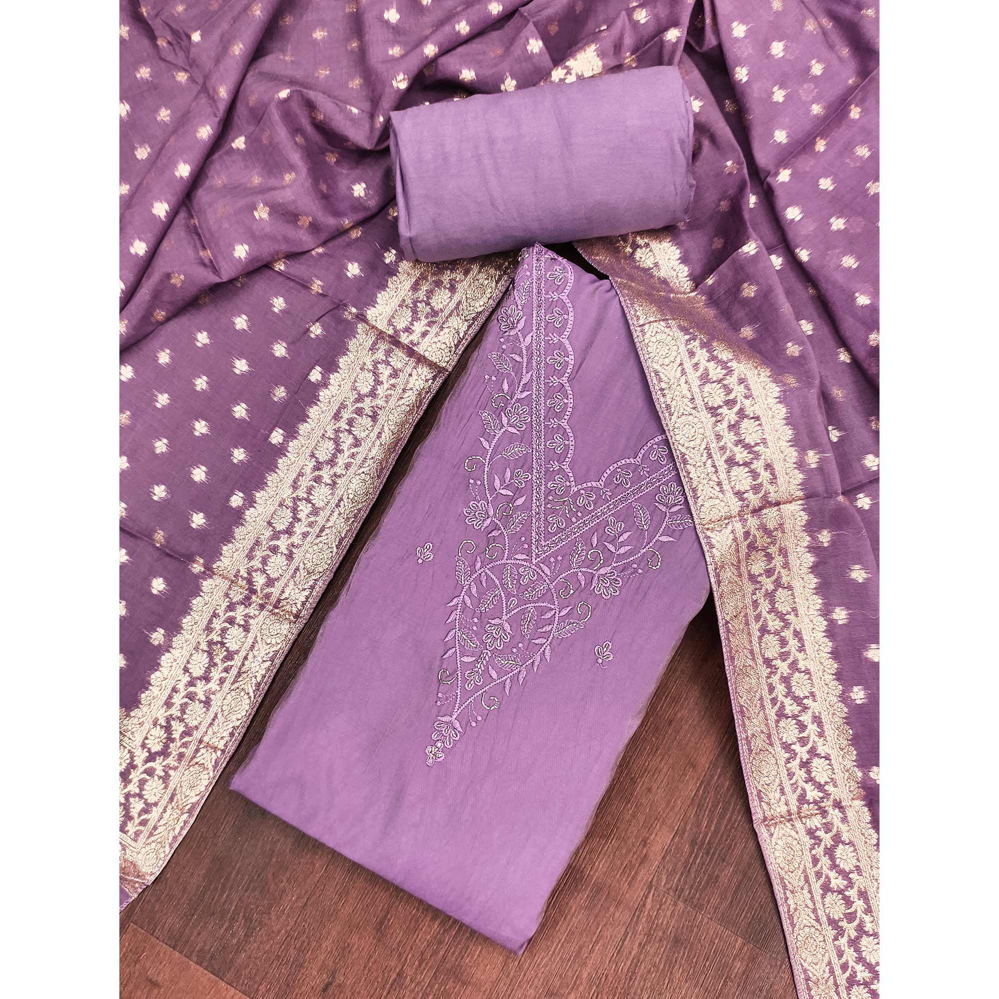 Exclusive Lavender Floral Embroidery Viscose Dress Material Enhanced With Cutdana Handwork Accents - Image 4