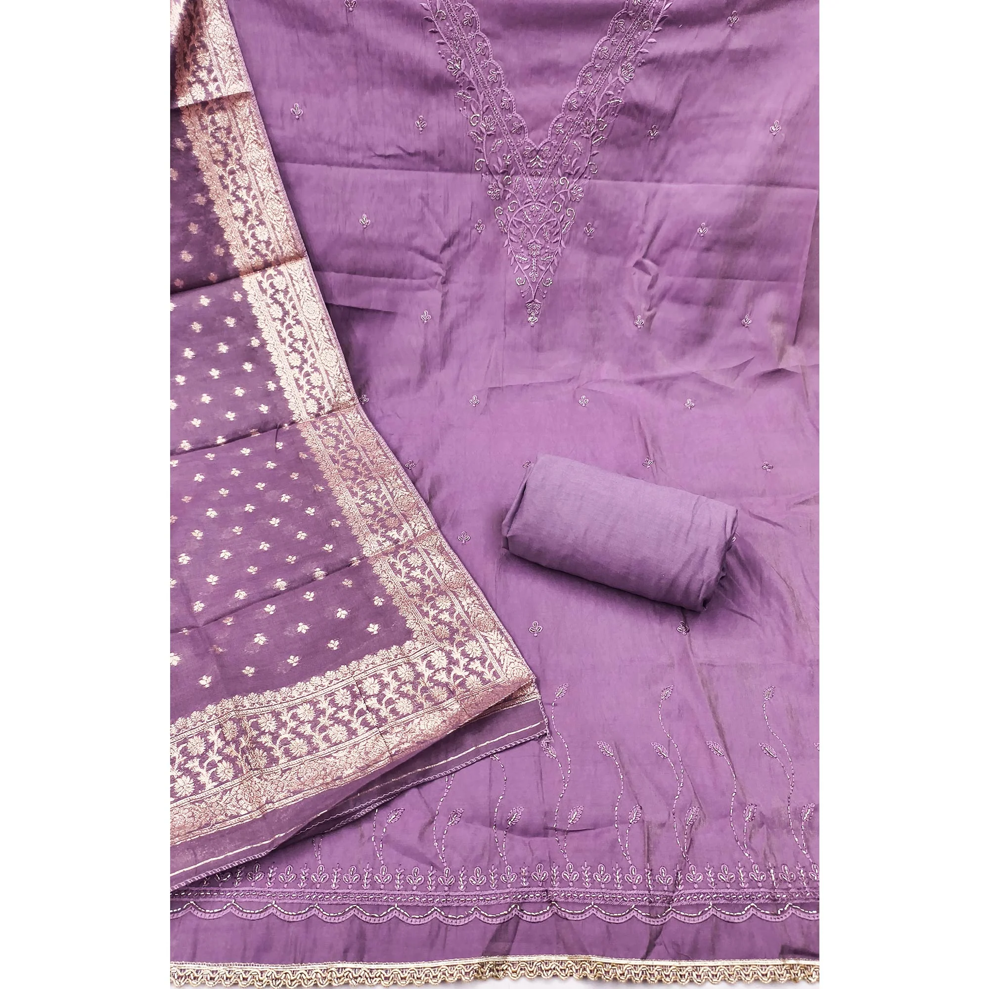 Exclusive Lavender Floral Embroidery Viscose Dress Material Enhanced With Cutdana Handwork Accents - Image 5