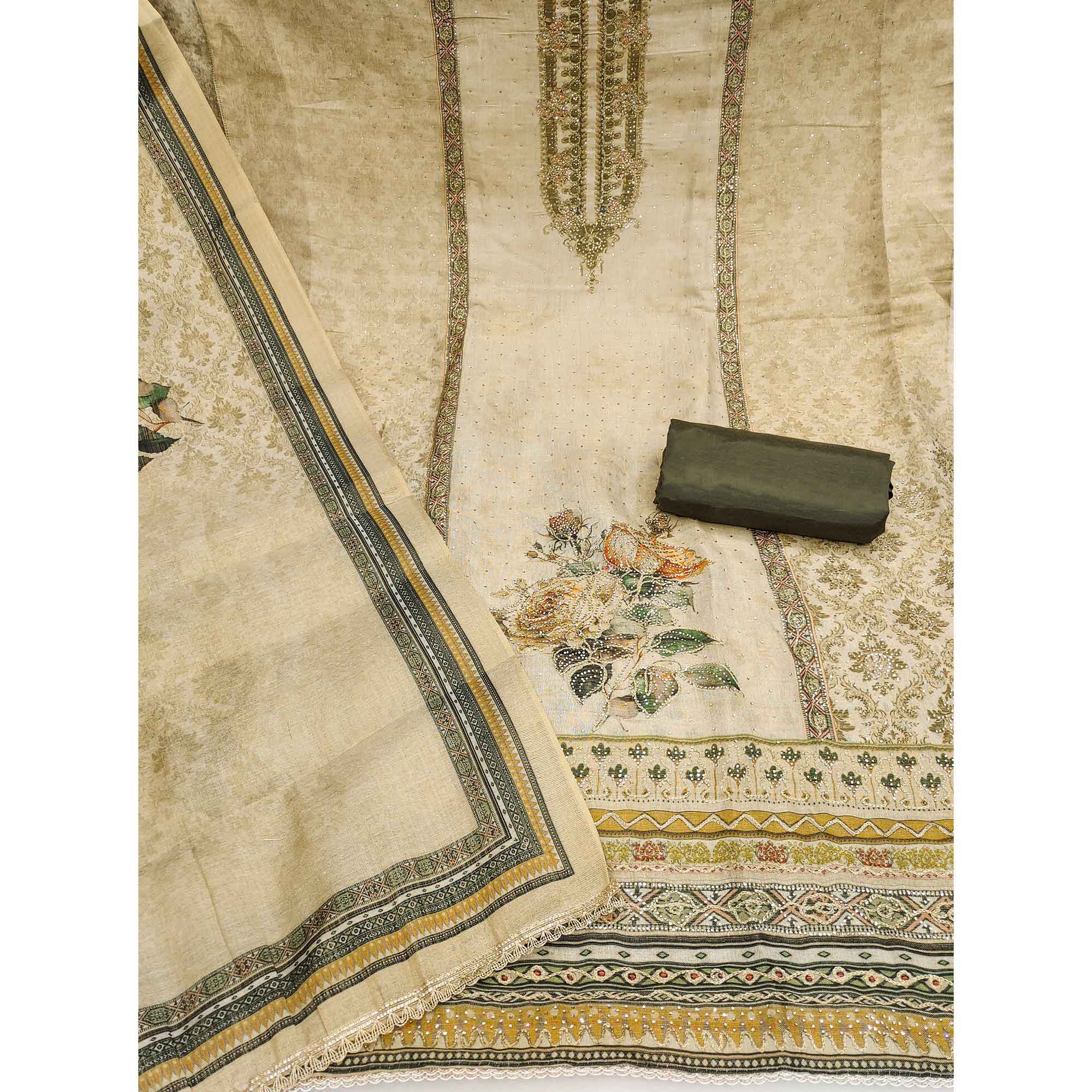 Exclusive Light Olive Floral Print Shimmer Dress Material Adorned With Swarovski Embellishments - Image 4