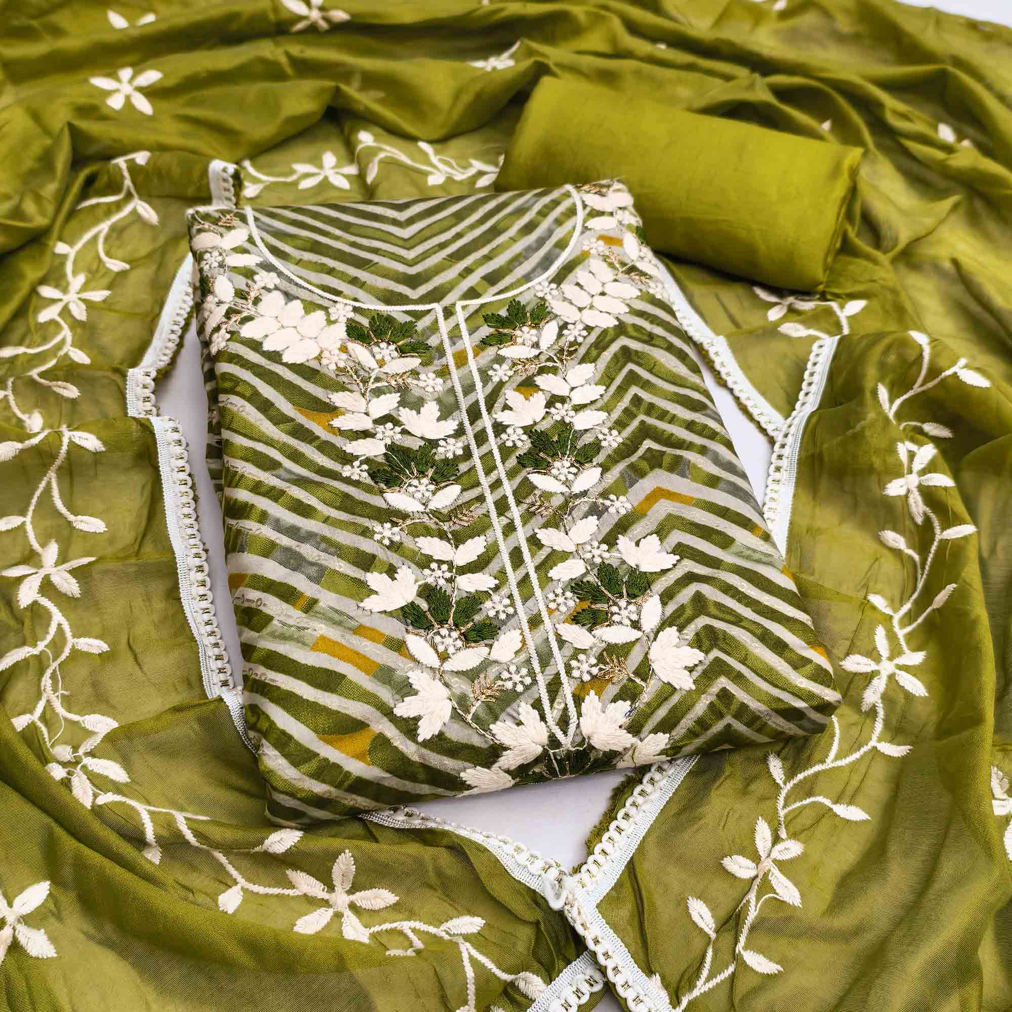 Exclusive Mehendi Green Floral Embroidered Silk Blend Dress Material With Artistic Zig Zag Print