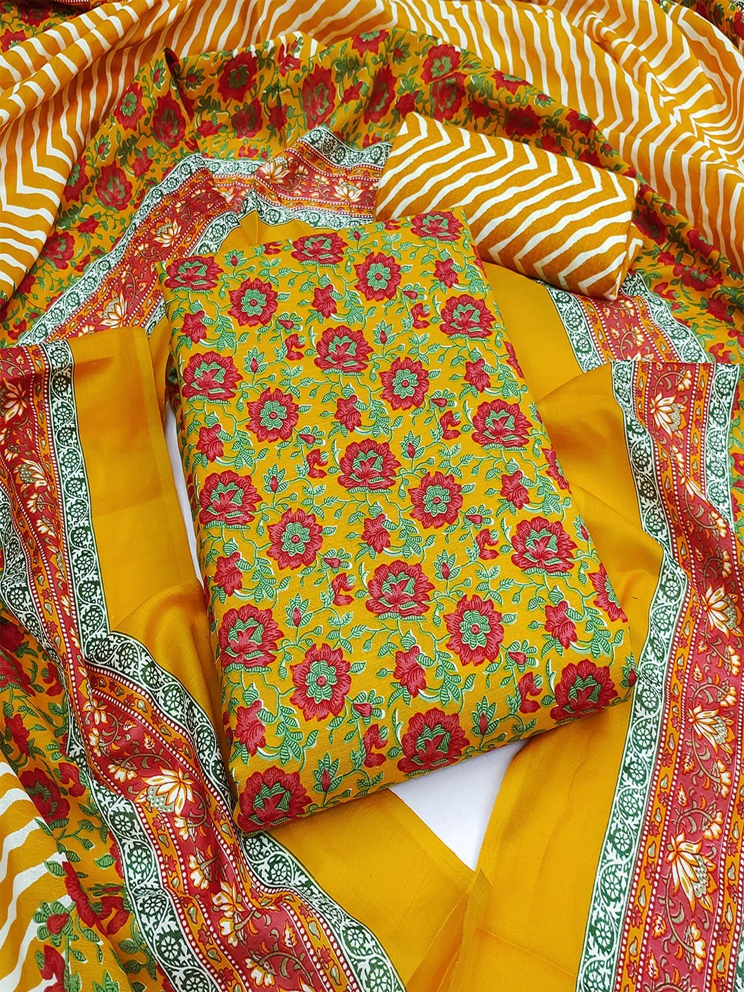 Exclusive Mustard Floral Printed Rayon Dress Material With Delicate Design Finish - Image 3