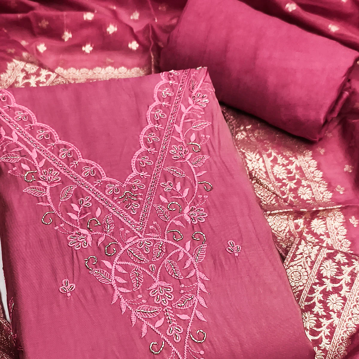 Exclusive Pink Floral Embroidery Viscose Dress Material Enhanced With Cutdana Handwork Accents - Image 2
