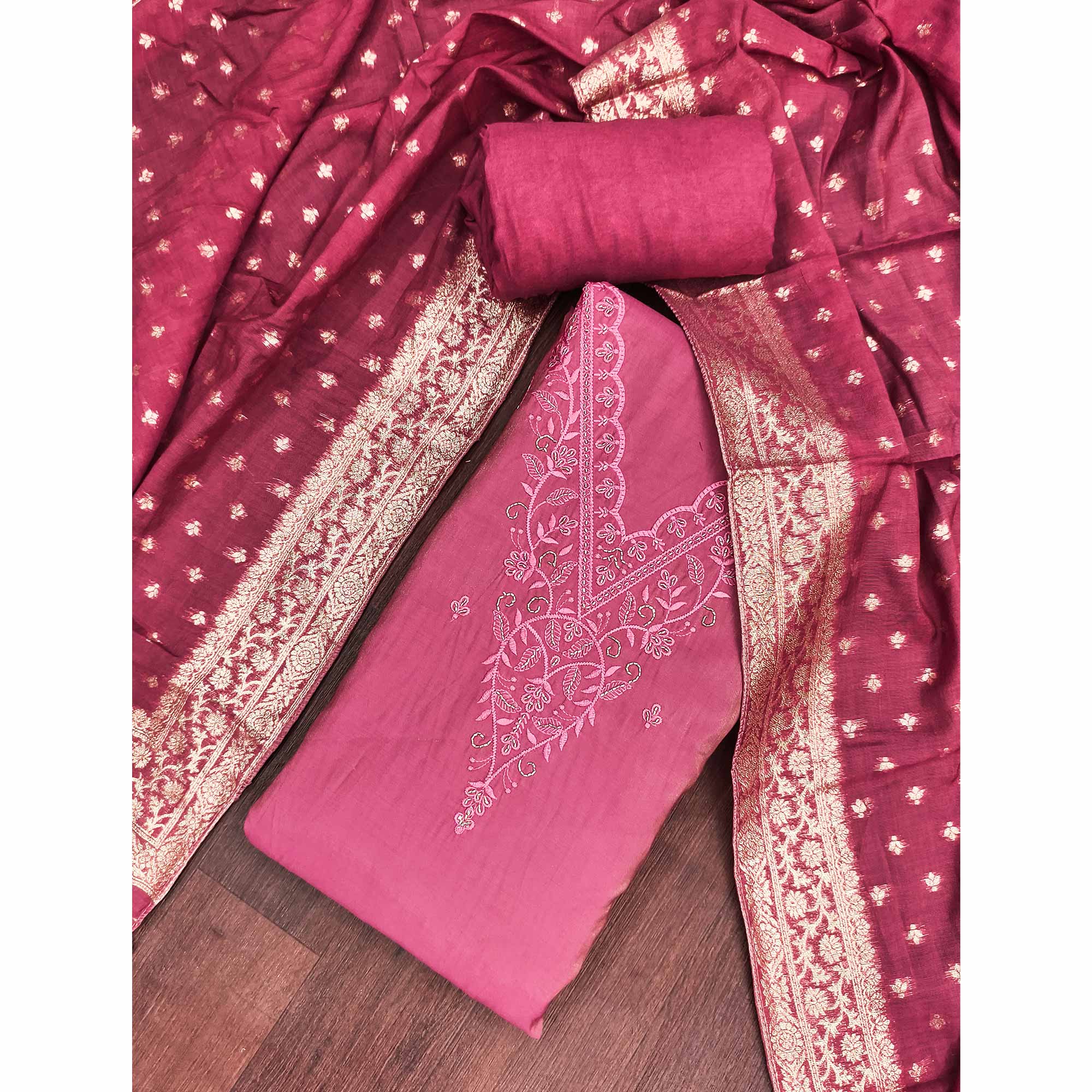 Exclusive Pink Floral Embroidery Viscose Dress Material Enhanced With Cutdana Handwork Accents - Image 3
