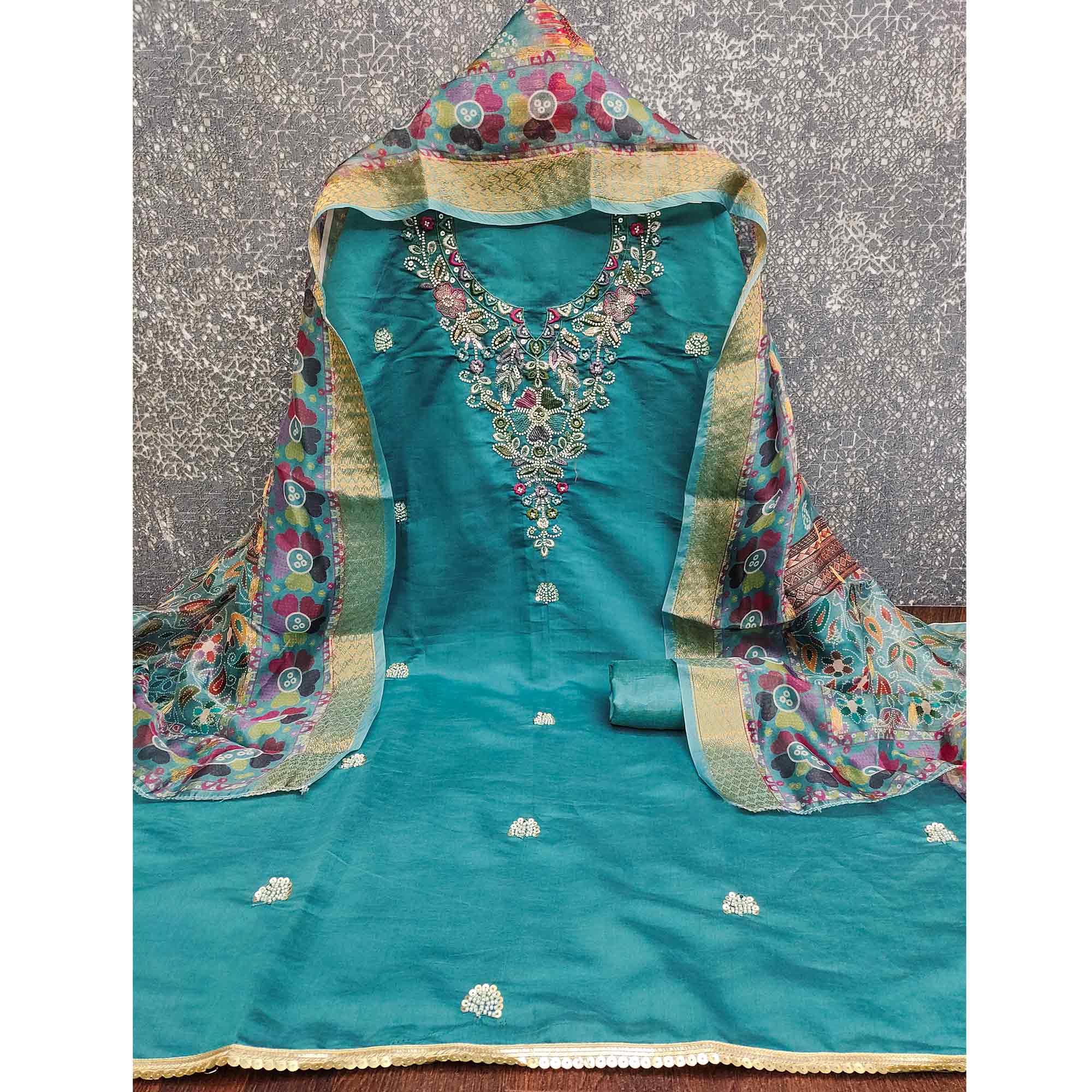 Exclusive Rama Blue Floral Embroidery Art Silk Dress Material With Sequins & Beads Work - Image 4