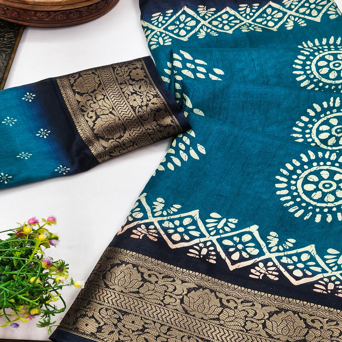 Exclusive Blue Batik Printed Saree in Soft Dola Silk Fabric with Intricate Detailing - Image 2