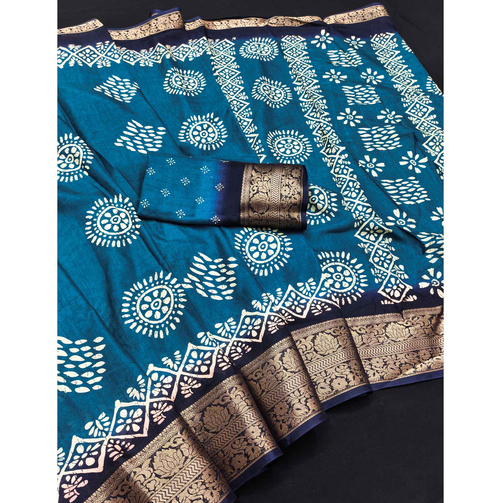 Exclusive Blue Batik Printed Saree in Soft Dola Silk Fabric with Intricate Detailing - Image 3