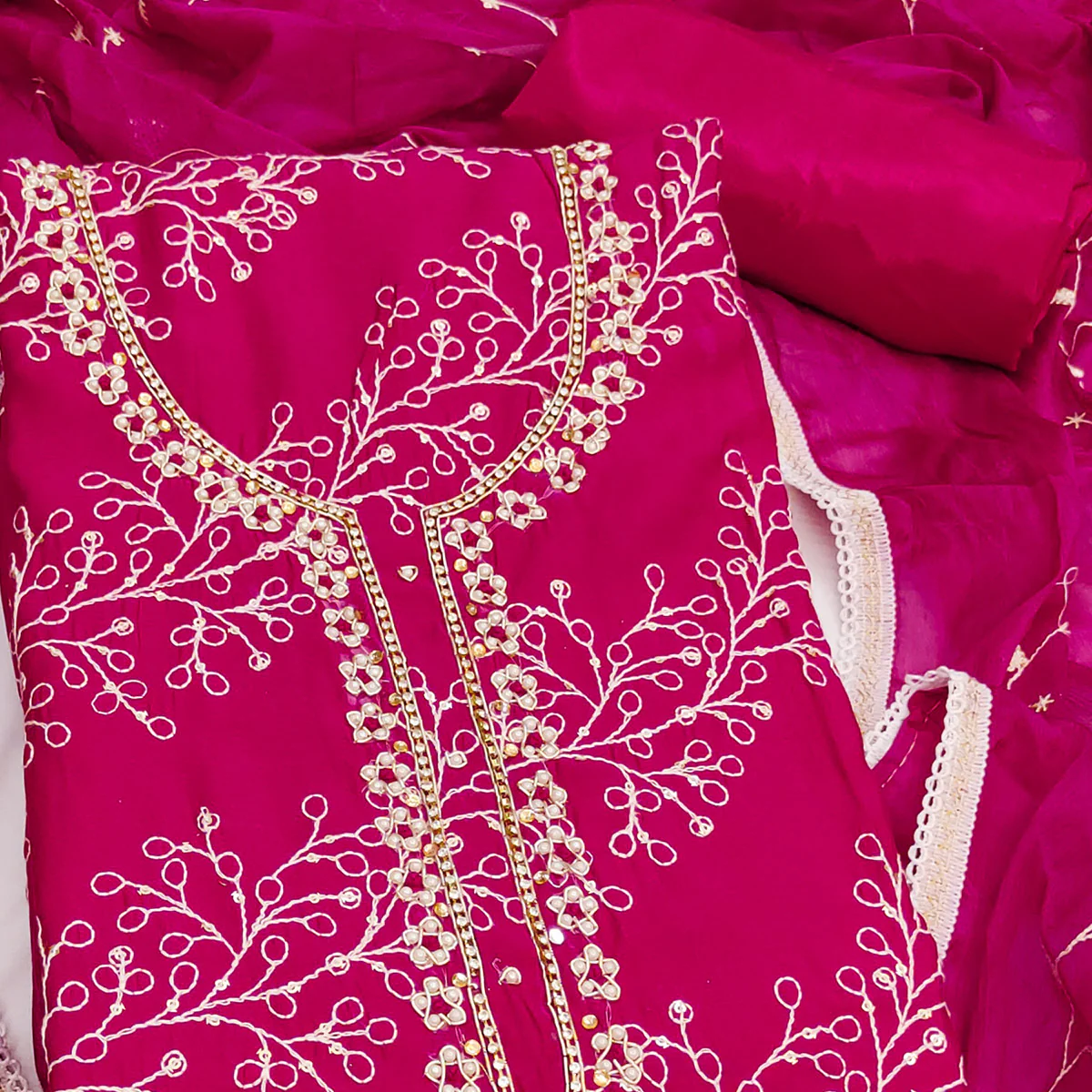 Exclusive Rani Pink Floral Embroidery Cotton Silk Dress Material Enhanced With Moti & Sequins Work - Image 2