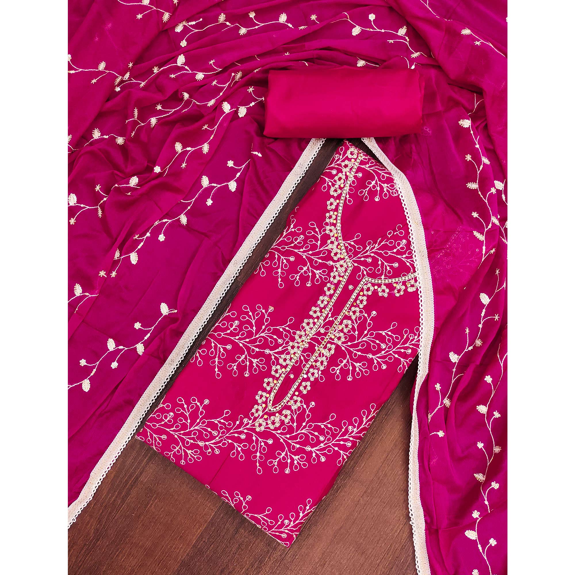 Exclusive Rani Pink Floral Embroidery Cotton Silk Dress Material Enhanced With Moti & Sequins Work - Image 3