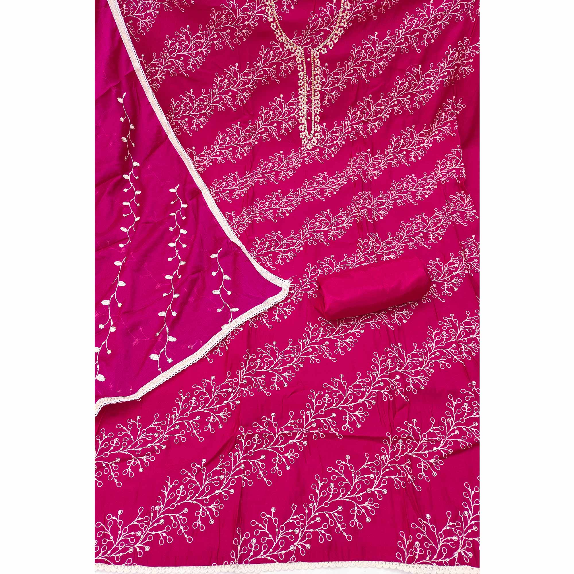 Exclusive Rani Pink Floral Embroidery Cotton Silk Dress Material Enhanced With Moti & Sequins Work - Image 4