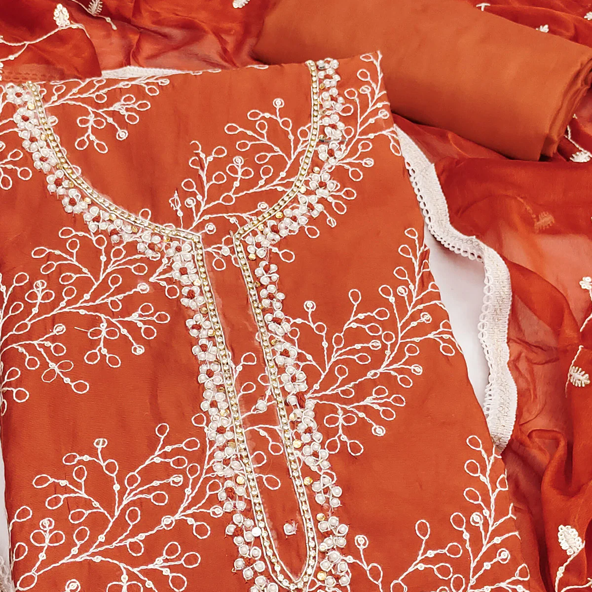Exclusive Rust Floral Embroidery Cotton Silk Dress Material Enhanced With Moti & Sequins Work - Image 2