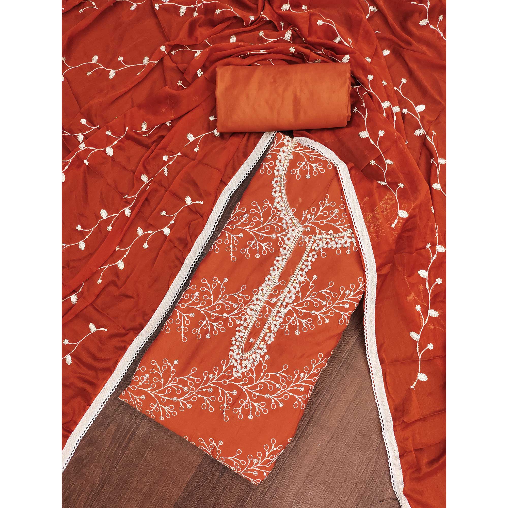 Exclusive Rust Floral Embroidery Cotton Silk Dress Material Enhanced With Moti & Sequins Work - Image 3