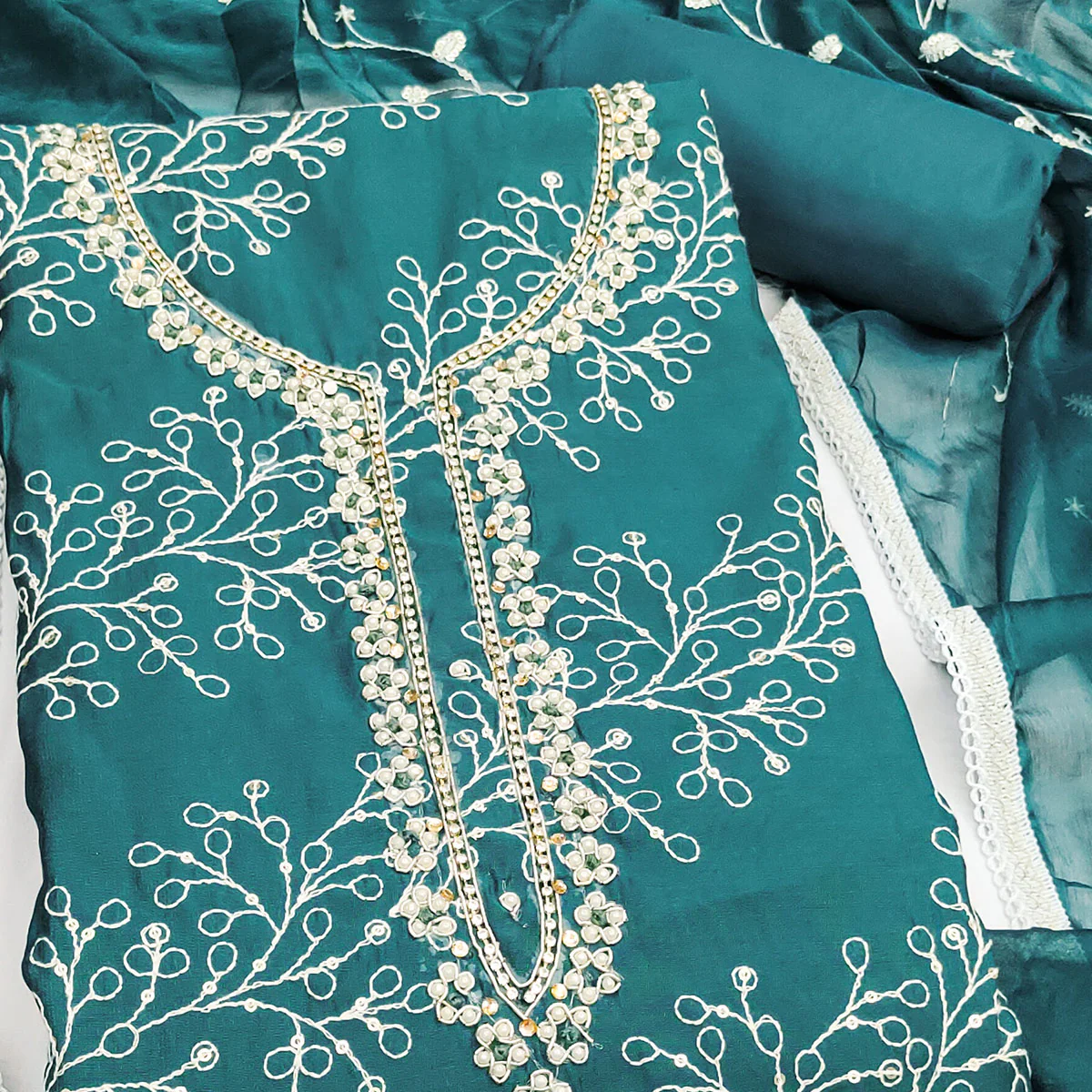 Exclusive Teal Floral Embroidery Cotton Silk Dress Material Enhanced With Moti & Sequins Work - Image 2