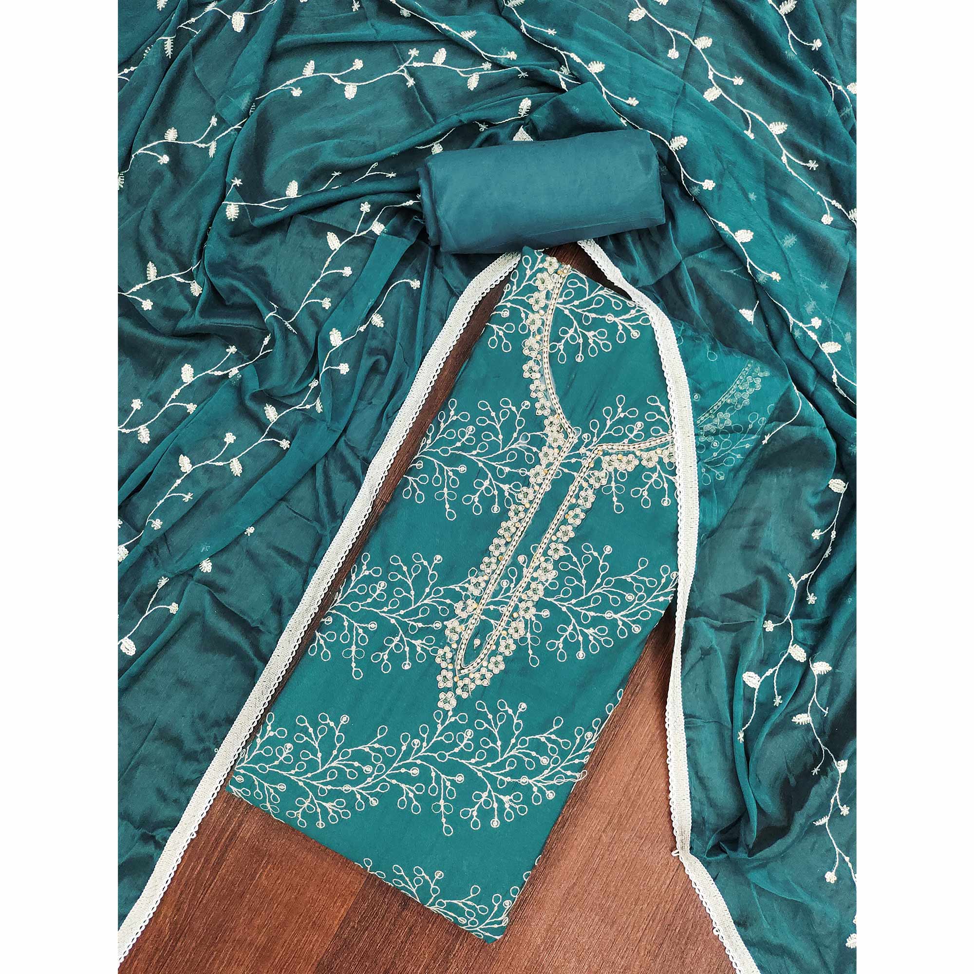 Exclusive Teal Floral Embroidery Cotton Silk Dress Material Enhanced With Moti & Sequins Work - Image 3