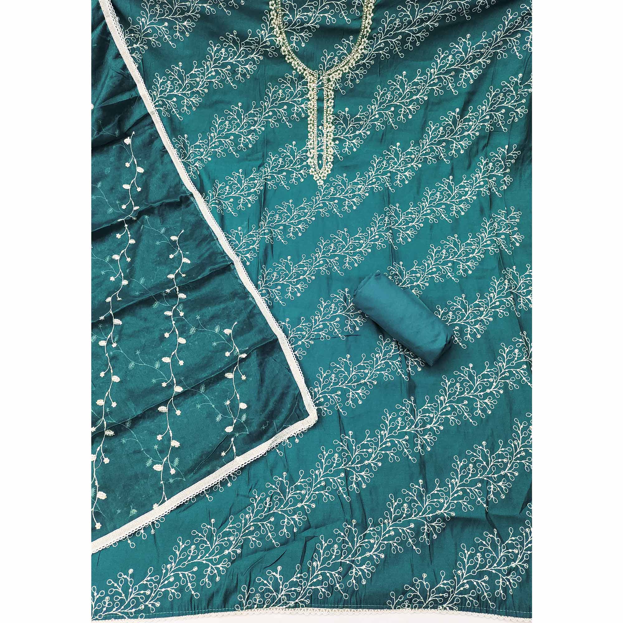 Exclusive Teal Floral Embroidery Cotton Silk Dress Material Enhanced With Moti & Sequins Work - Image 4