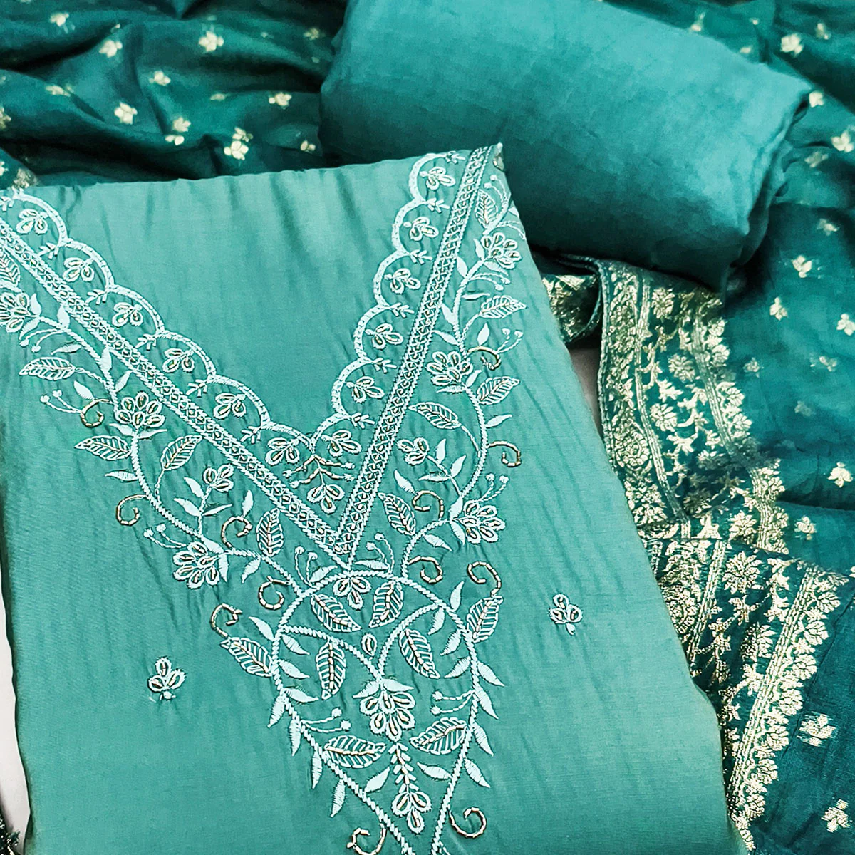 Exclusive Teal Floral Embroidery Viscose Dress Material Enhanced With Cutdana Handwork Accents - Image 2