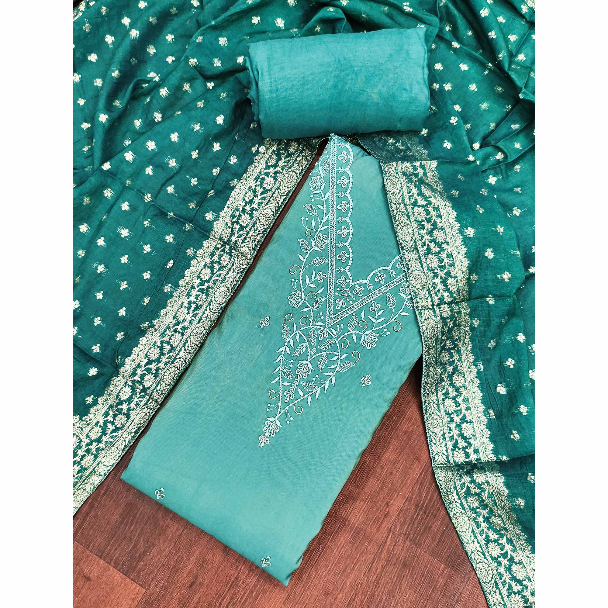 Exclusive Teal Floral Embroidery Viscose Dress Material Enhanced With Cutdana Handwork Accents - Image 3