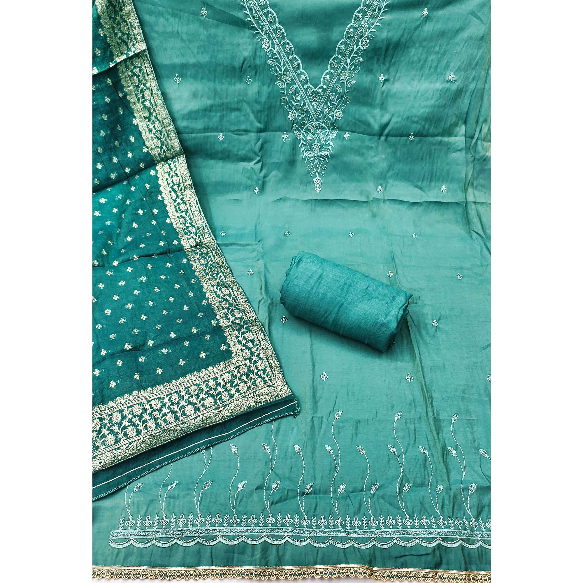 Exclusive Teal Floral Embroidery Viscose Dress Material Enhanced With Cutdana Handwork Accents - Image 4