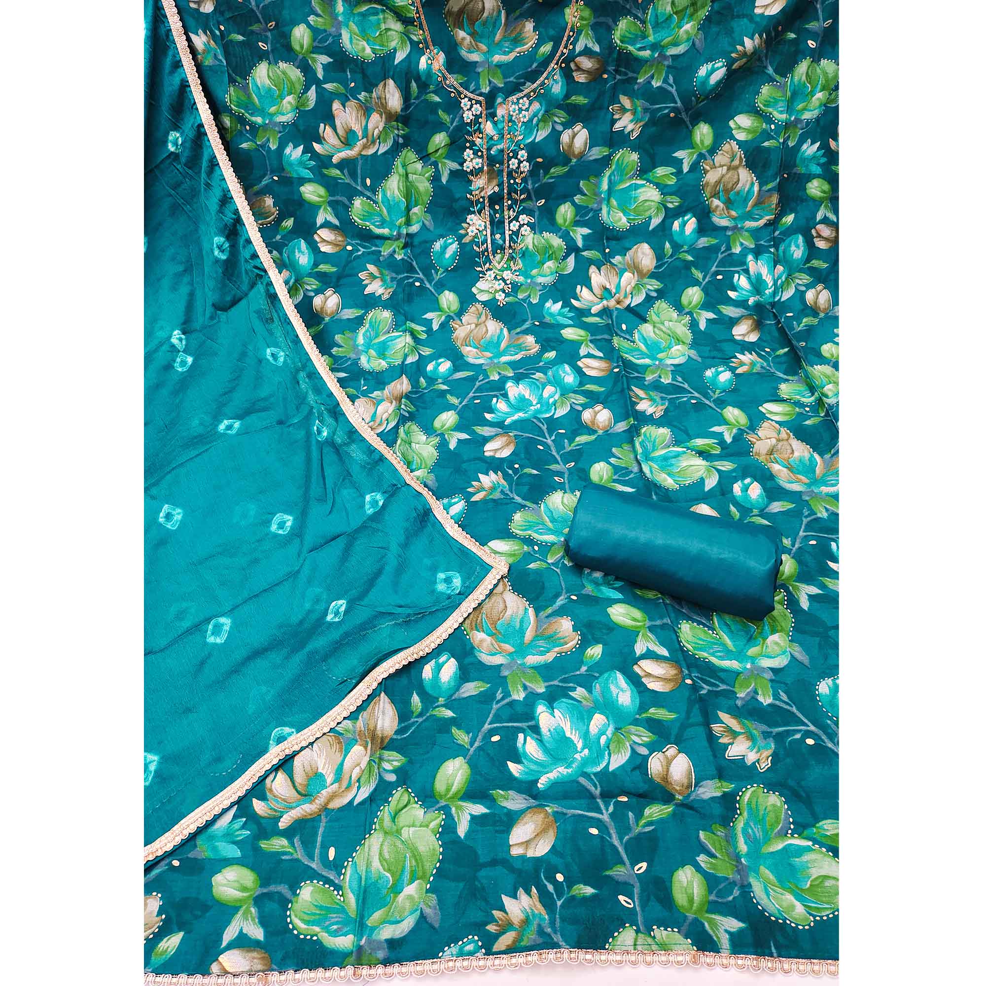 Exclusive Teal Floral Printed Cotton Silk Dress Material Adorned With Beads & Moti Handwork - Image 4