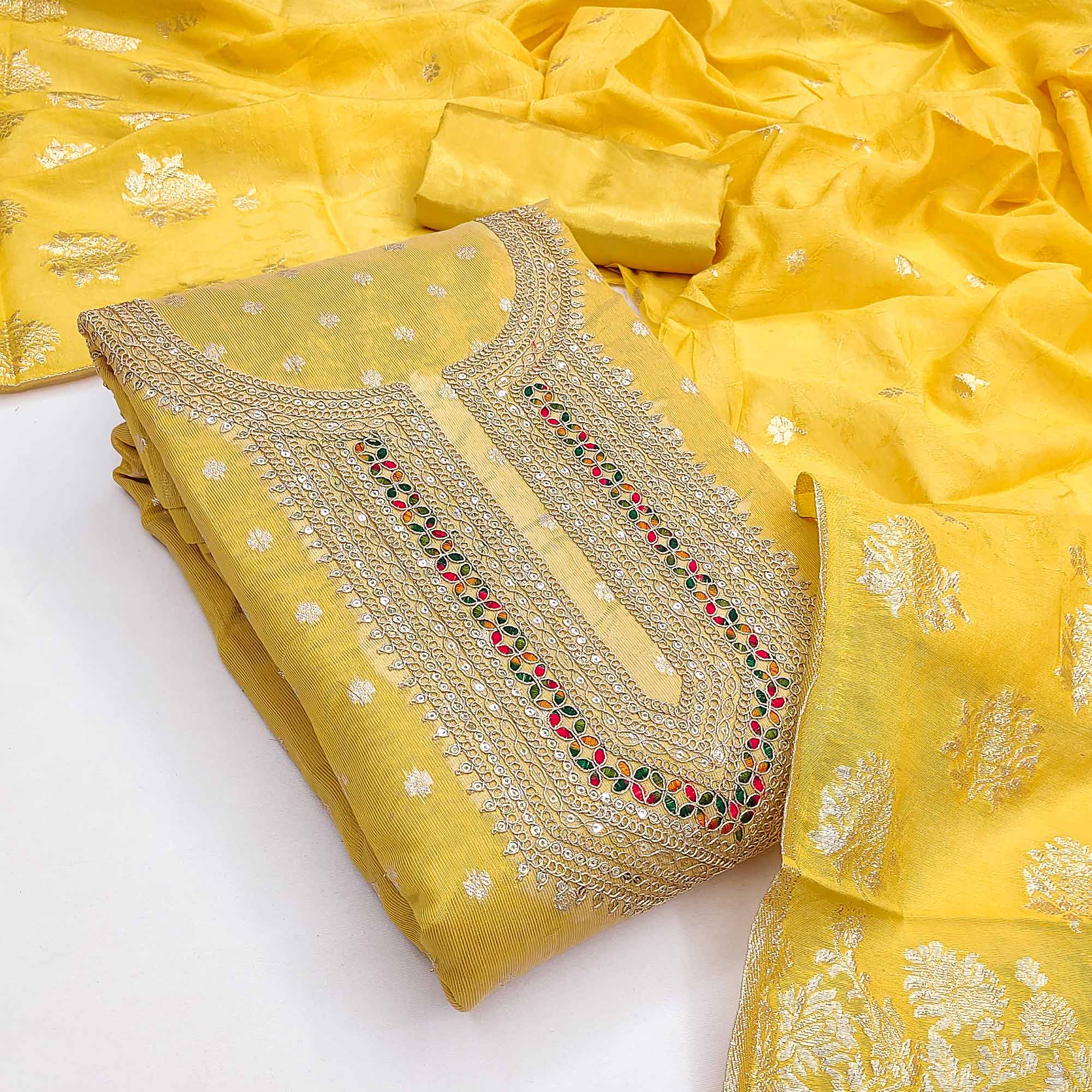 Exclusive Yellow Floral Butti Weaving Shimmer Silk Dress Material With Cording Sequins Embroidery - Image 3
