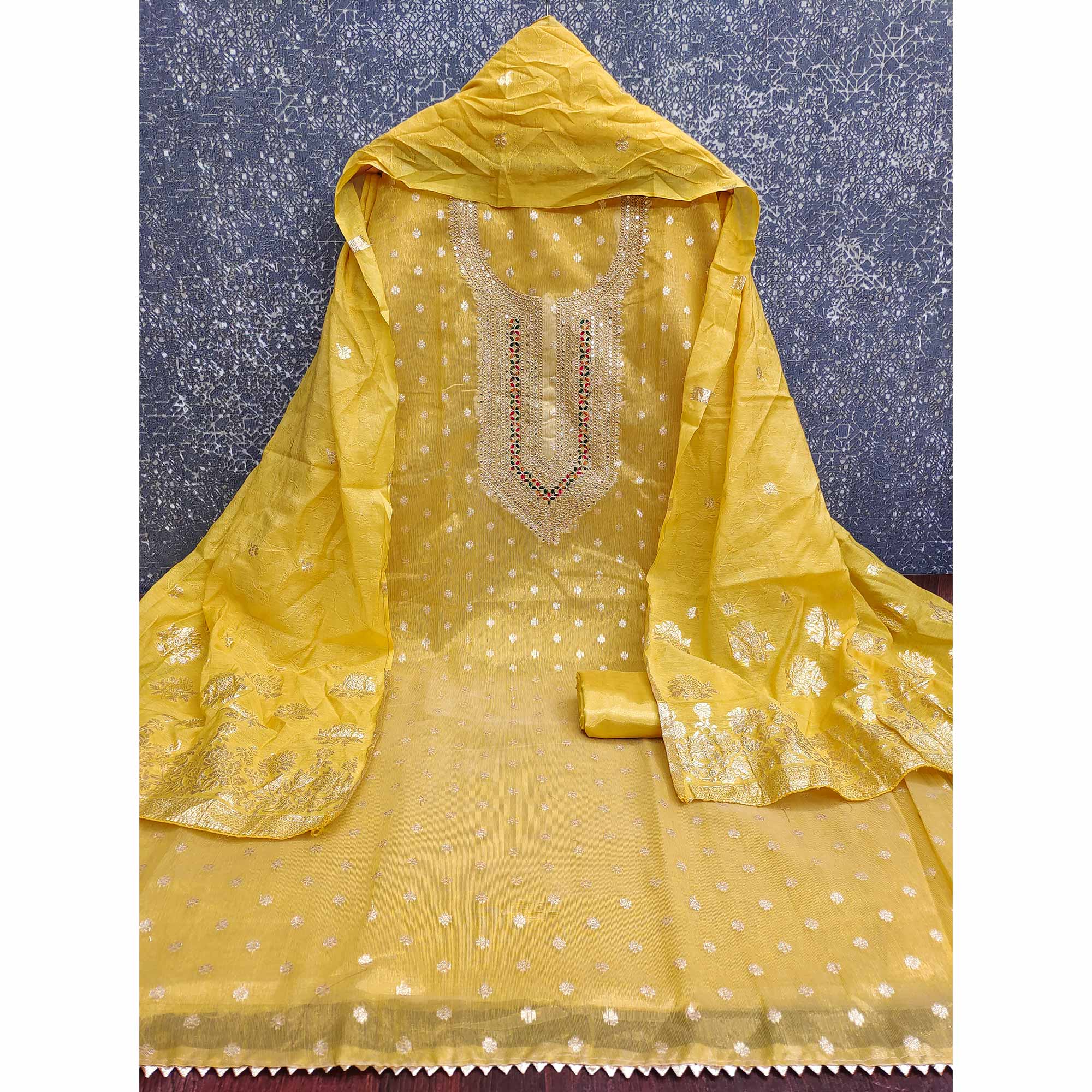 Exclusive Yellow Floral Butti Weaving Shimmer Silk Dress Material With Cording Sequins Embroidery - Image 4