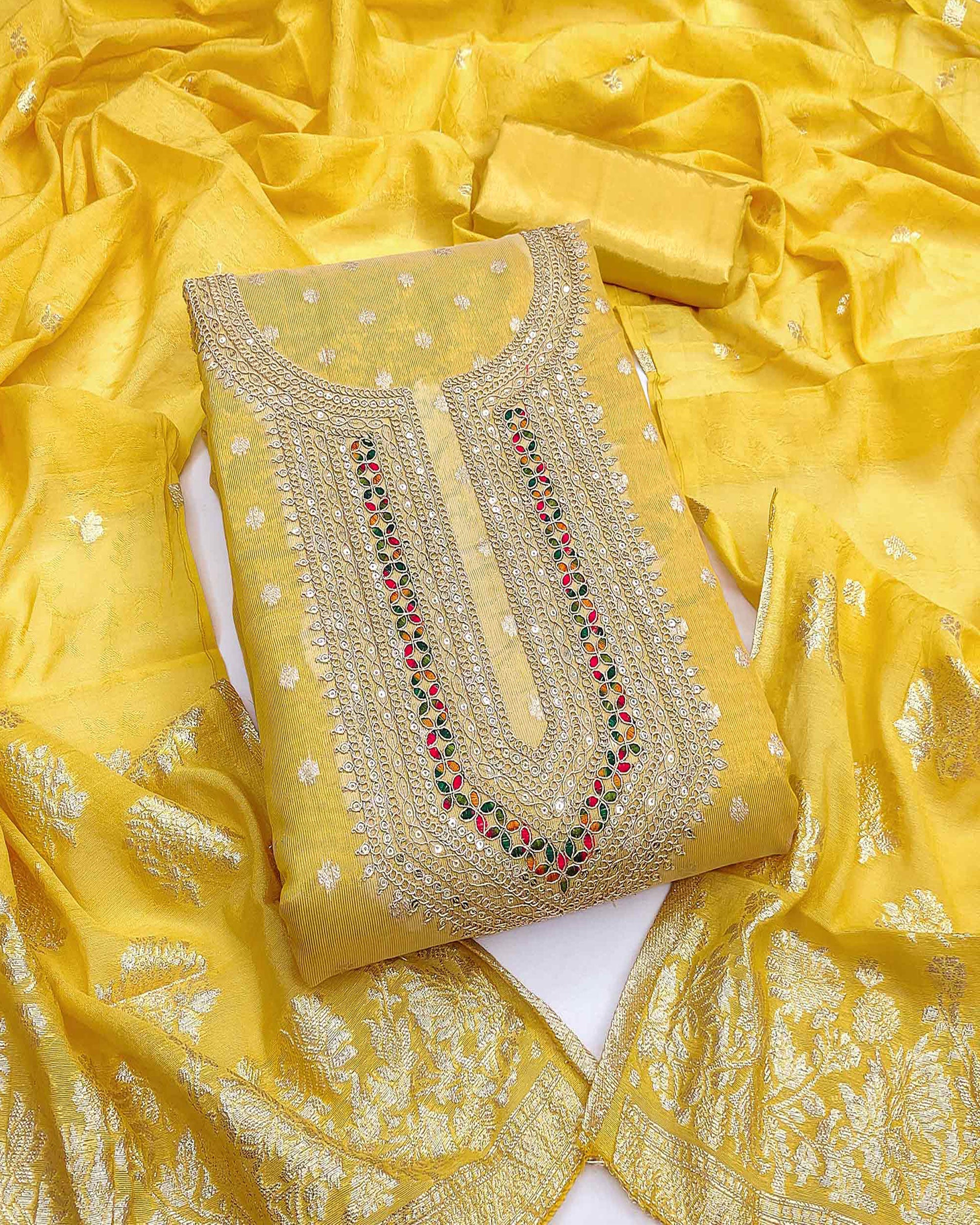 Exclusive Yellow Floral Butti Weaving Shimmer Silk Dress Material With Cording Sequins Embroidery - Image 5