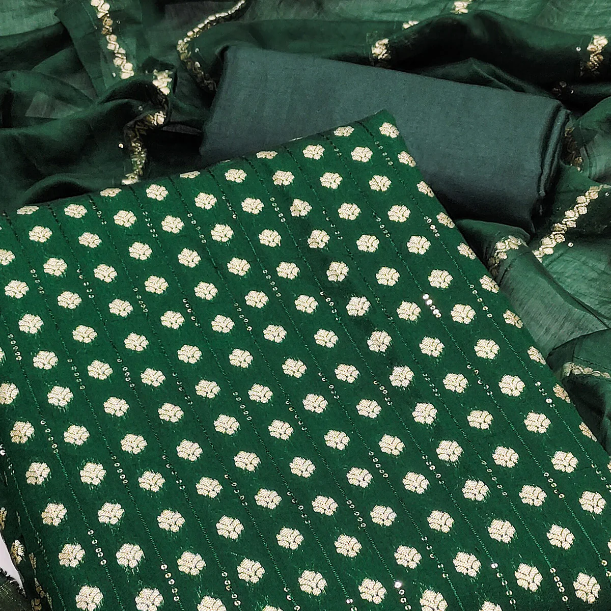 Experience Sheer Luxury Green Floral Woven With Sequins Embroidered Banarasi Jacquard Dress Material - Image 2