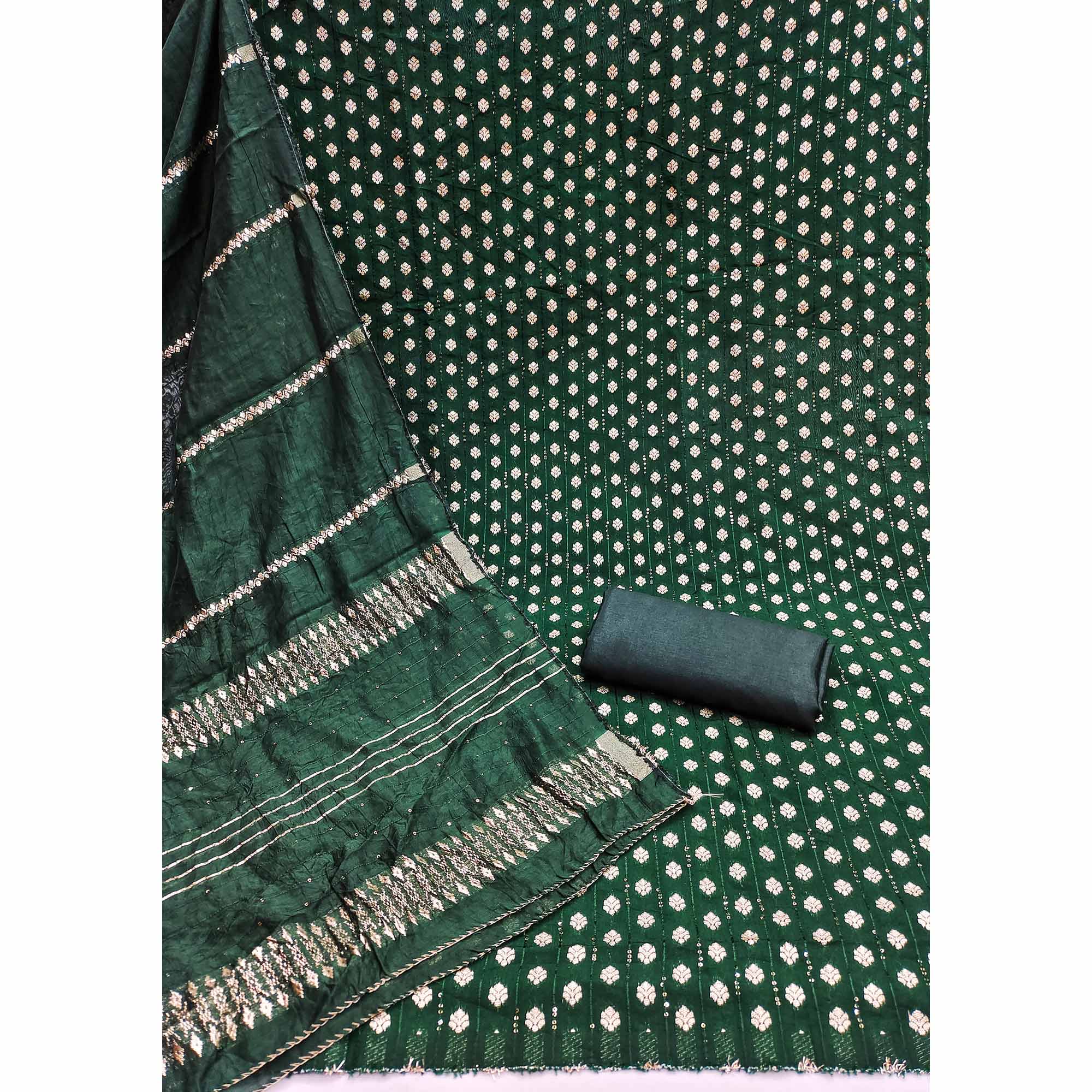 Experience Sheer Luxury Green Floral Woven With Sequins Embroidered Banarasi Jacquard Dress Material - Image 3