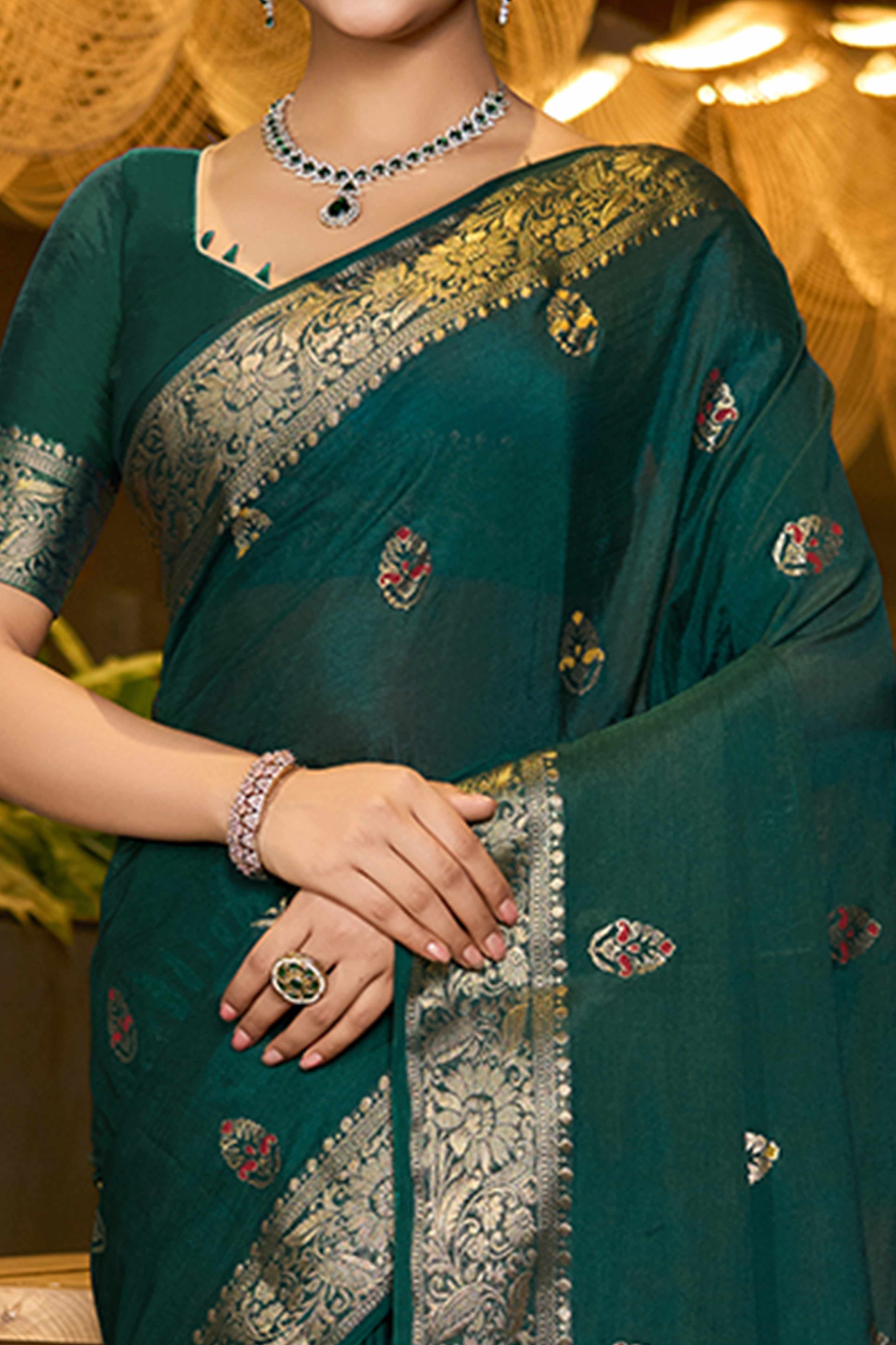 Experience Timeless Beauty With Green Floral Woven Chinon Silk Saree - Image 2