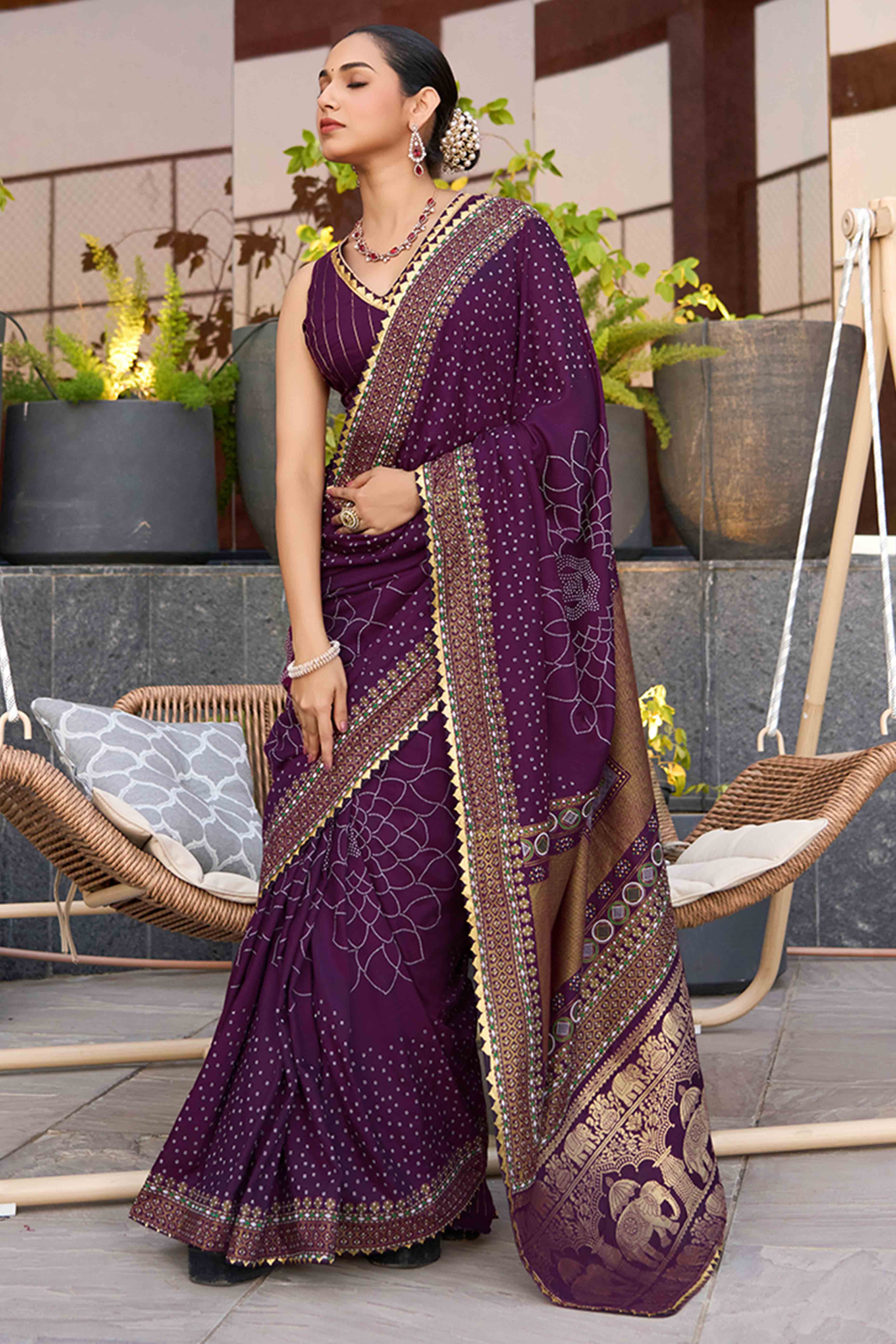 Experience Timeless Beauty With Wine Bandhani Foil Printed Cotton Silk Sarree With Lace Border - Image 4