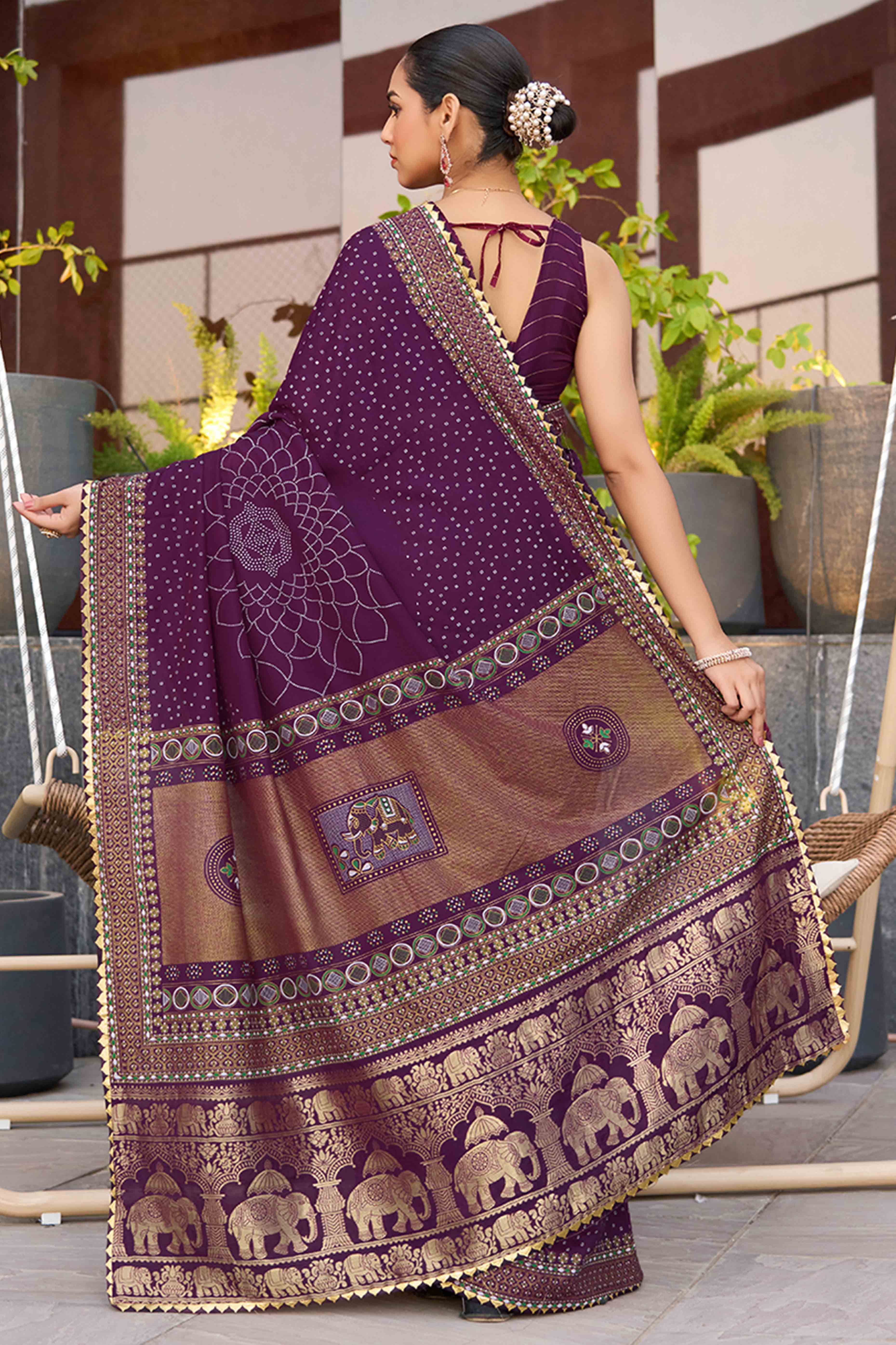 Experience Timeless Beauty With Wine Bandhani Foil Printed Cotton Silk Sarree With Lace Border - Image 5