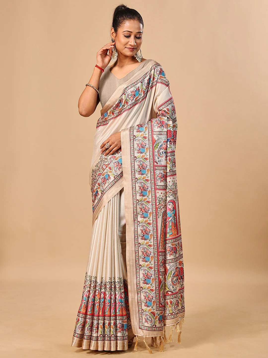 Exquisite Cream Madhubani & Elephant Digital Printed Tussar Silk Saree With Elegant Zari Border
