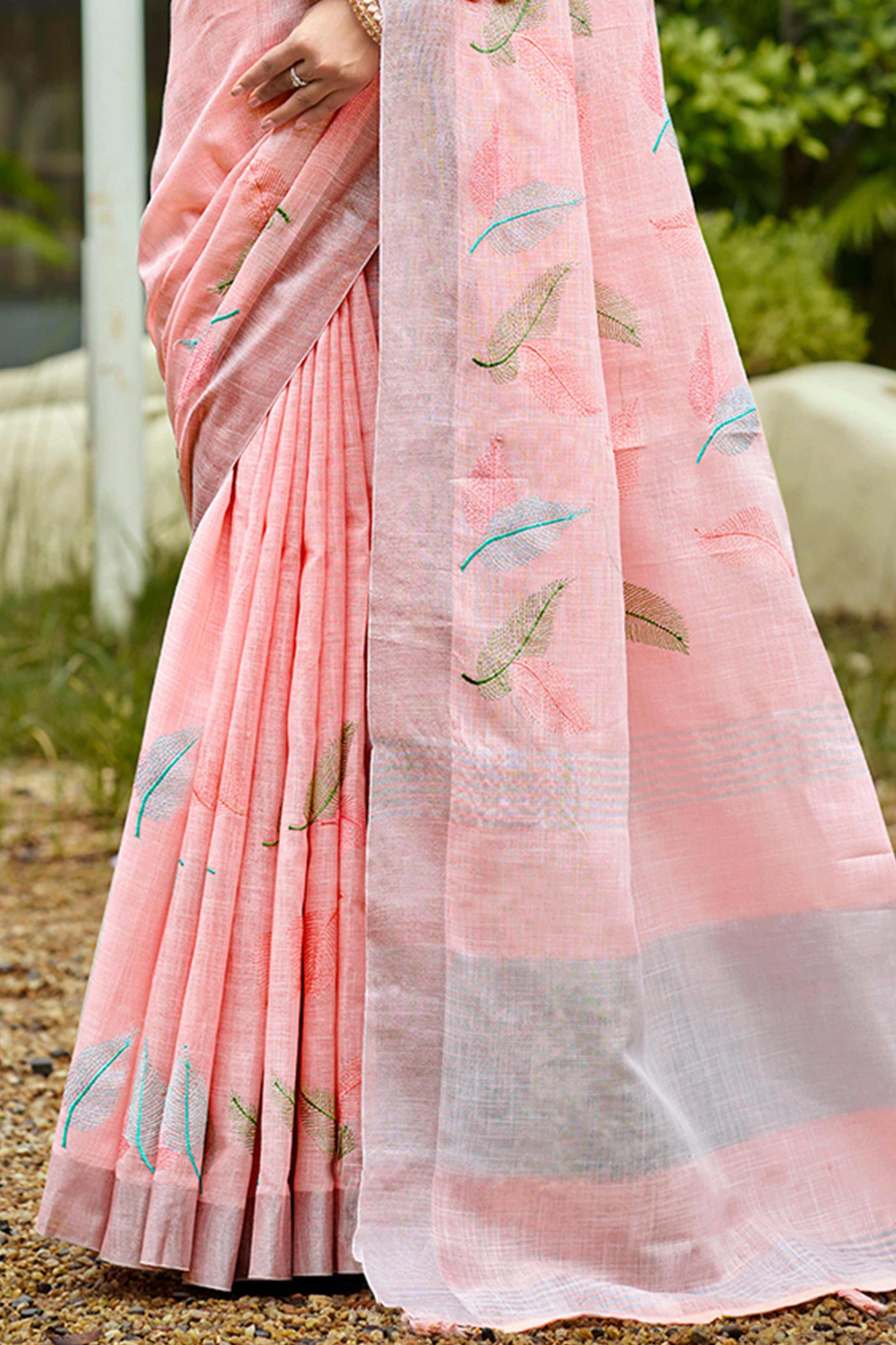 Exquisite Light Pink Leaf Motif Thread Embroidered Linen Saree With Elegant Weaving Border - Image 5