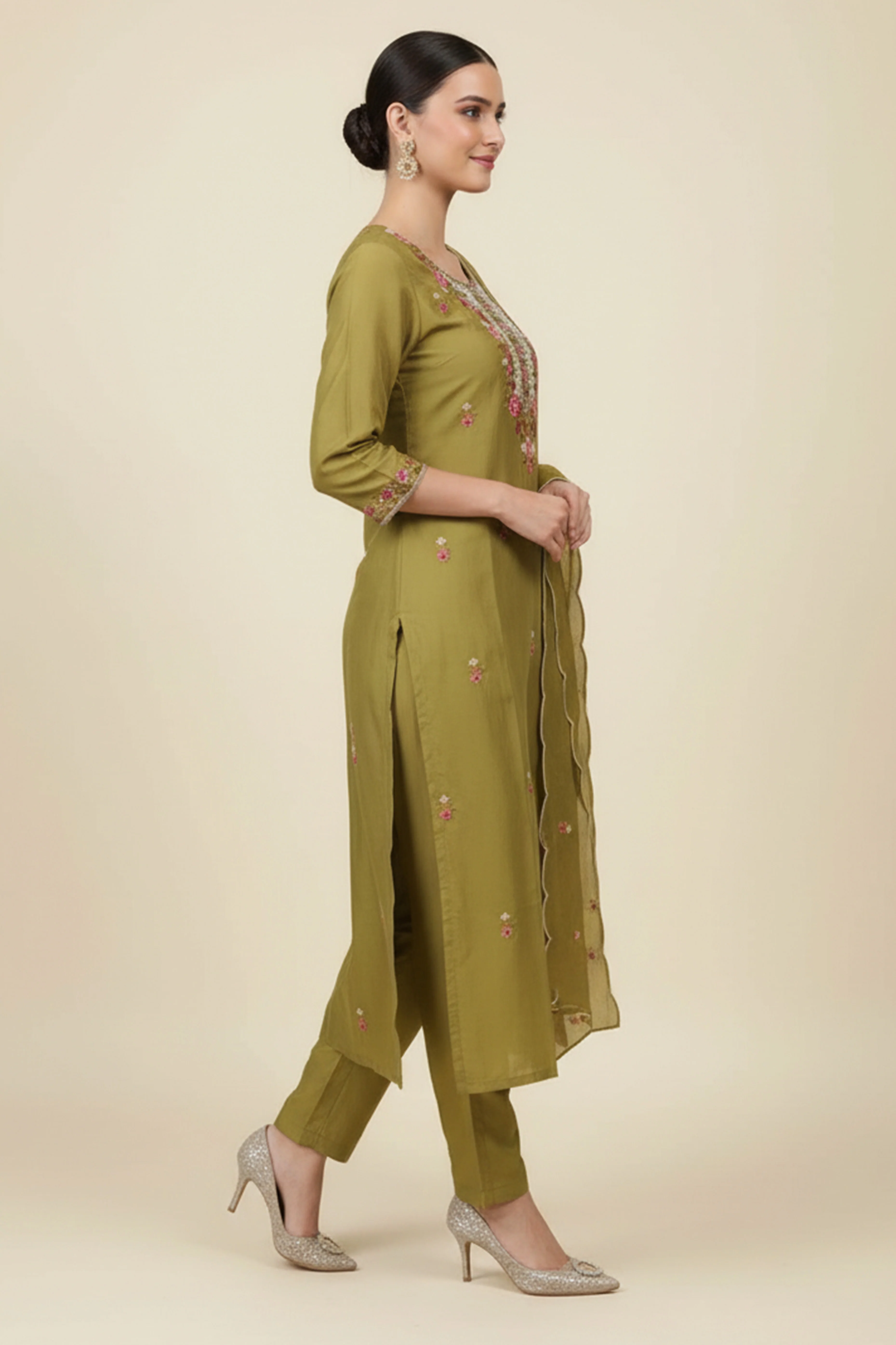 Exquisite Olive Mulmul Chanderi Suit with Fine Floral Embroidery Straight Cut Design - Image 4