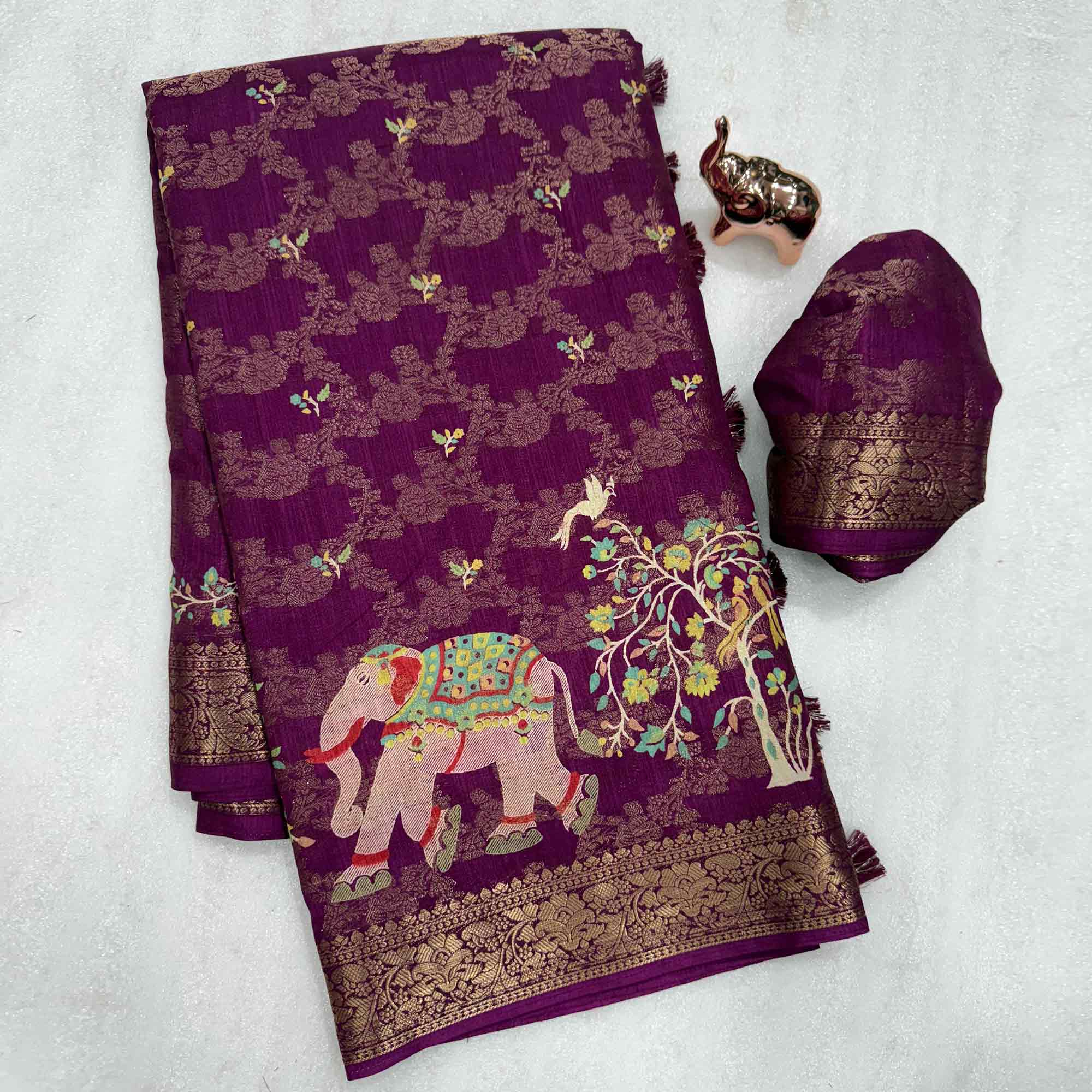 Exquisite Wine Floral Weaving Tusser Silk Jacquard Saree Highlighted With Elephant Motif Pallu - Image 3