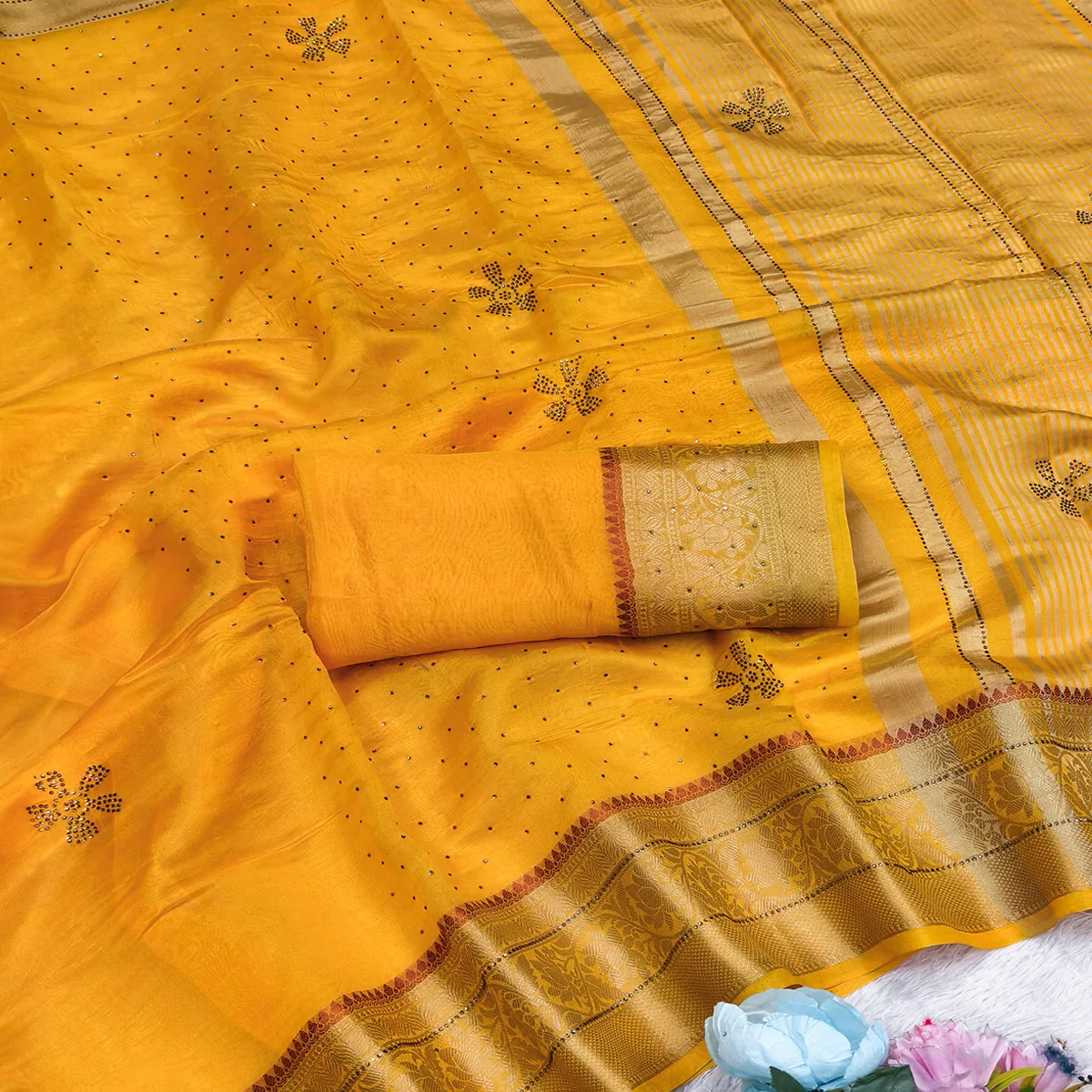 Exquisite Yellow Floral Weaving Banarasi Crushy Silk Saree With Sparkling Stone Work - Image 2