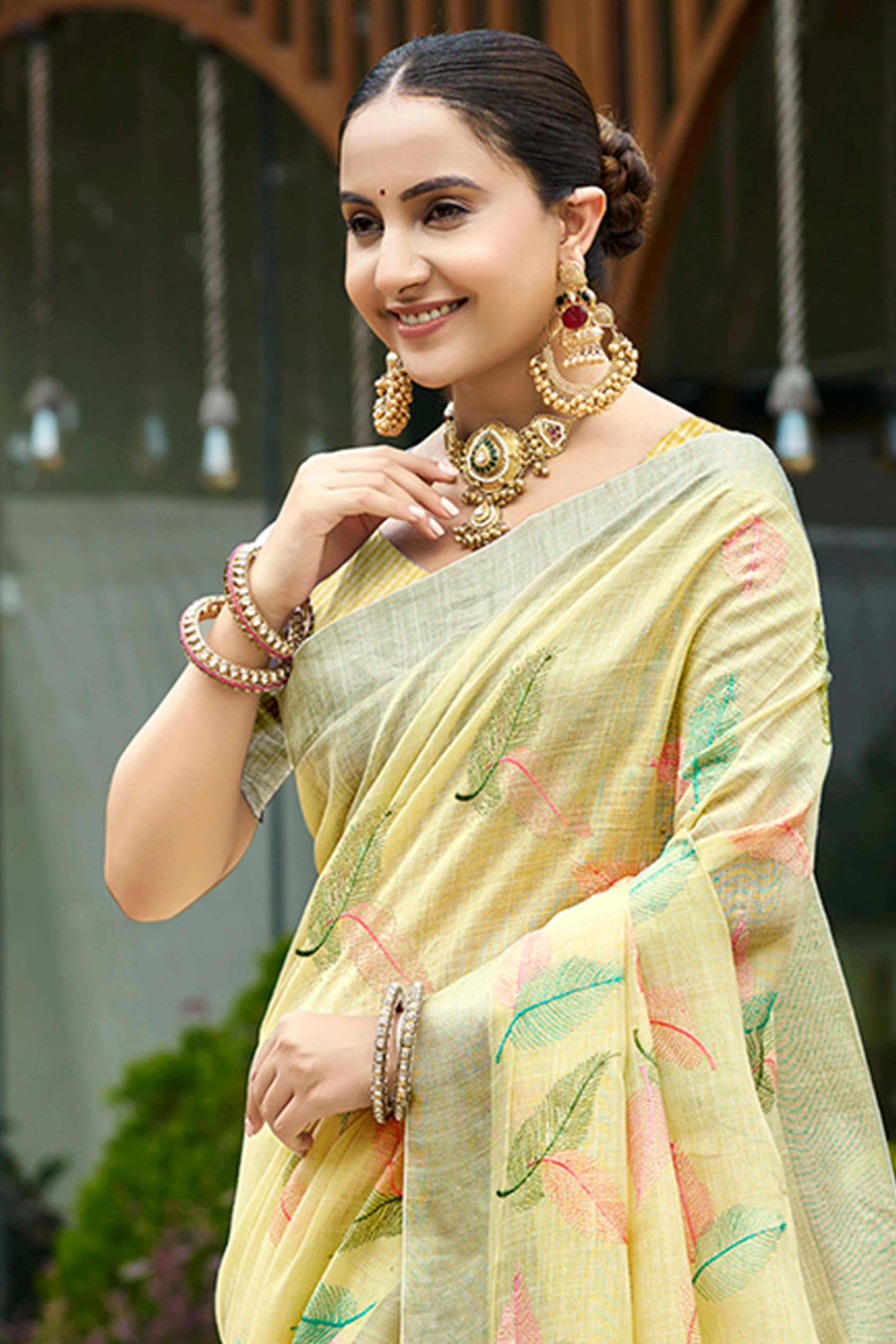 Exquisite Yellow Leaf Motif Thread Embroidered Linen Saree With Elegant Weaving Border - Image 3
