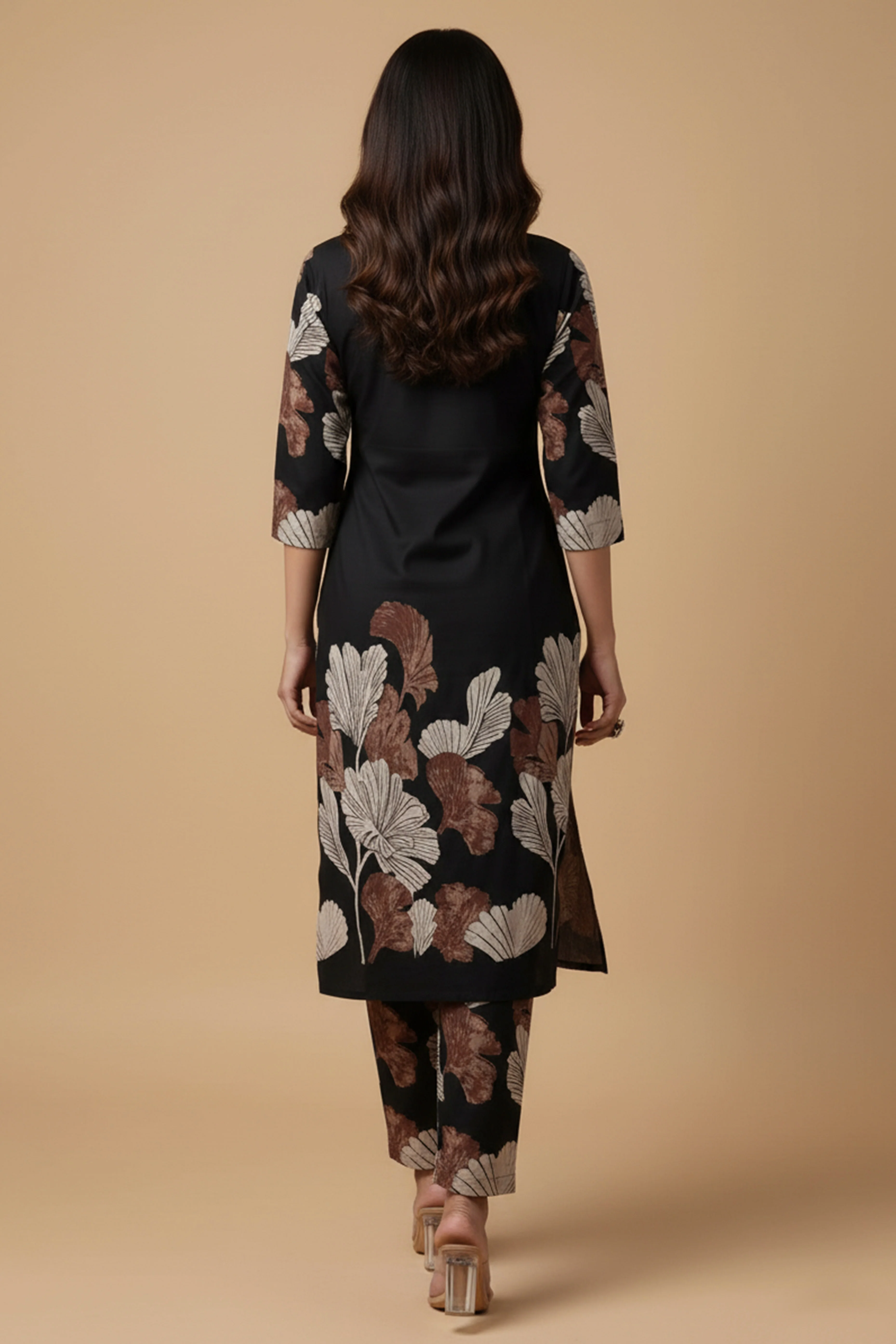 Fashionable Black Pure Cotton Top Bottom Set Highlighted with Vibrant Floral Patterns - Image 3