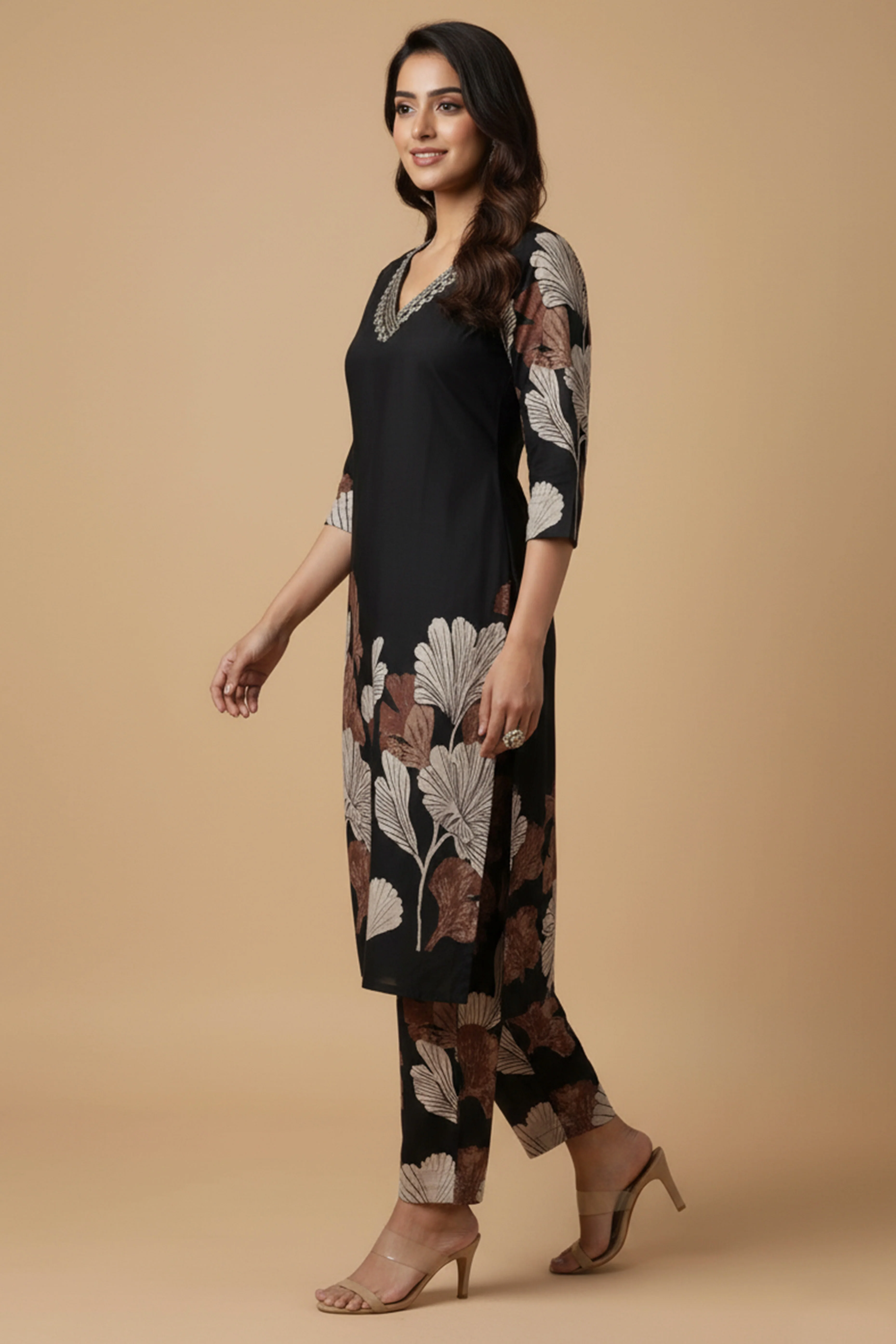 Fashionable Black Pure Cotton Top Bottom Set Highlighted with Vibrant Floral Patterns - Image 4