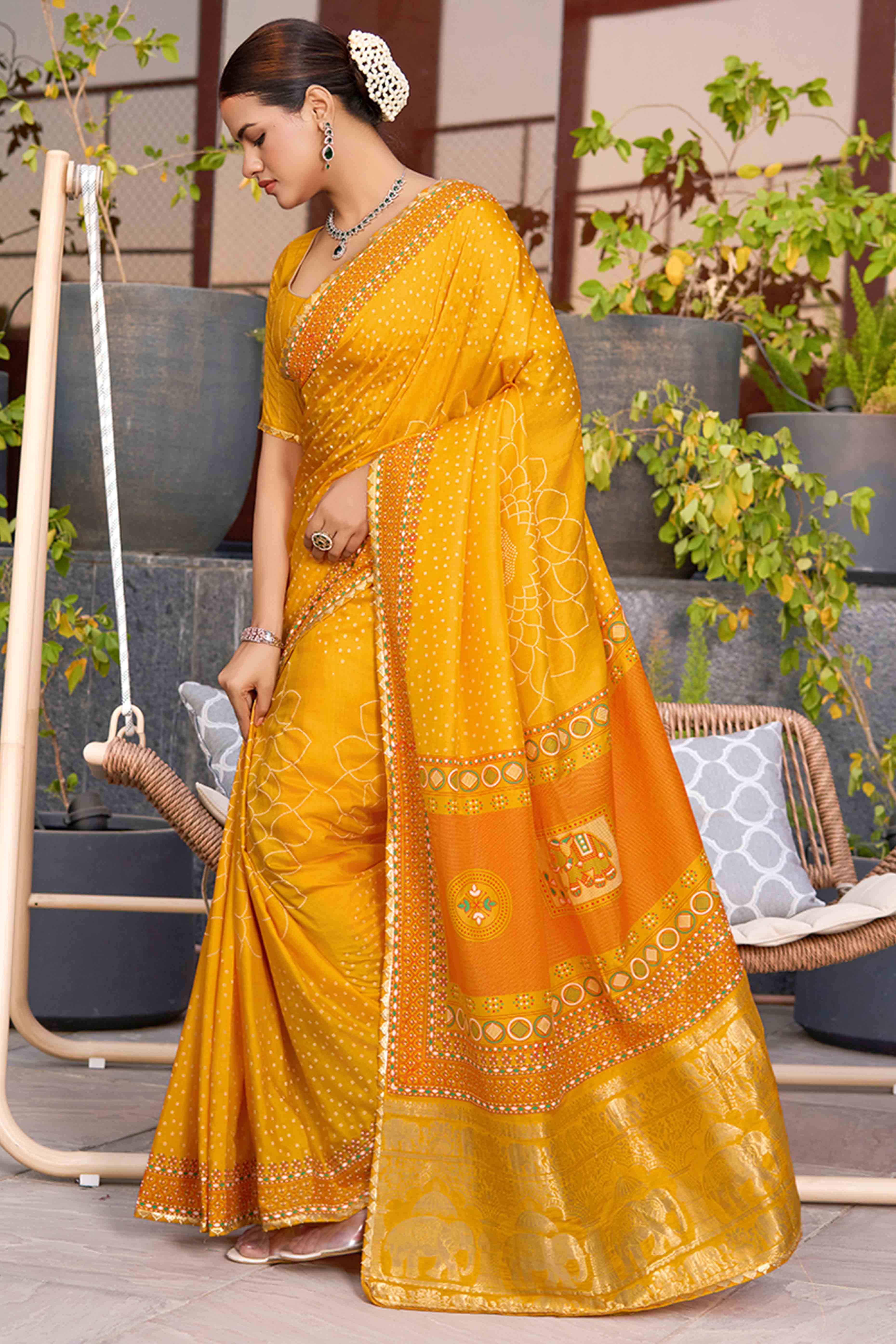 Feel The Luxury Of Mustard Bandhani Foil Printed Cotton Silk Sarree With Lace Border - Image 3