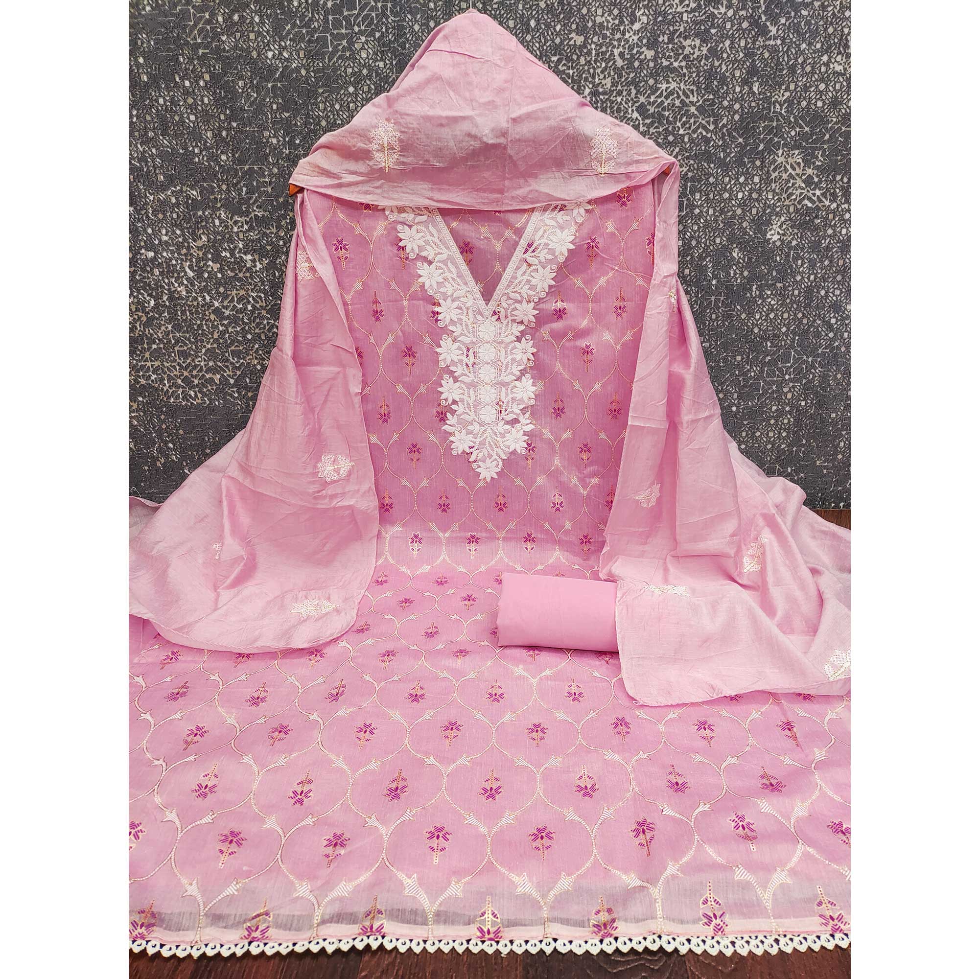 Feminine Pink Floral Thread Work Chanderi Silk Fabric for Traditional & Festive Outfits - Image 3