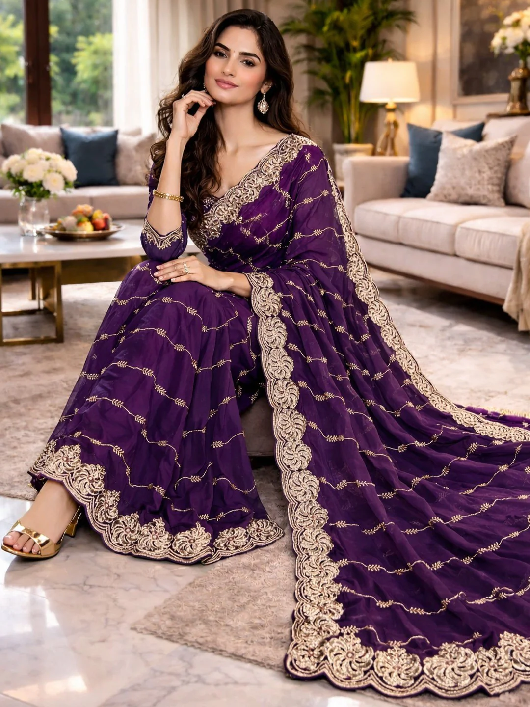 Feminine Purple Satin Saree with Sophisticated Embroidery Work