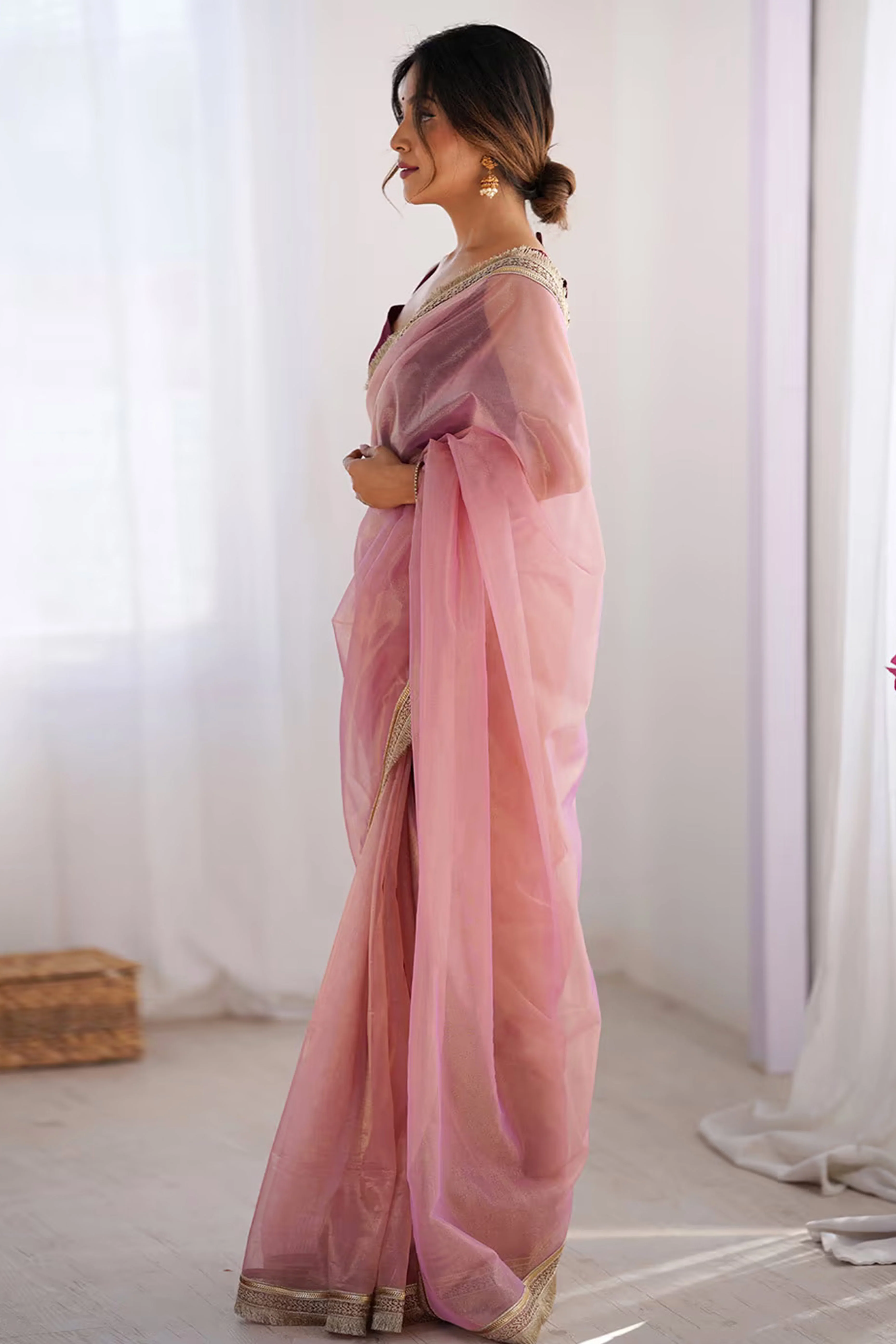 Feminine Rose Pink Solid Net Saree with Sophisticated Lace Border Work - Image 3