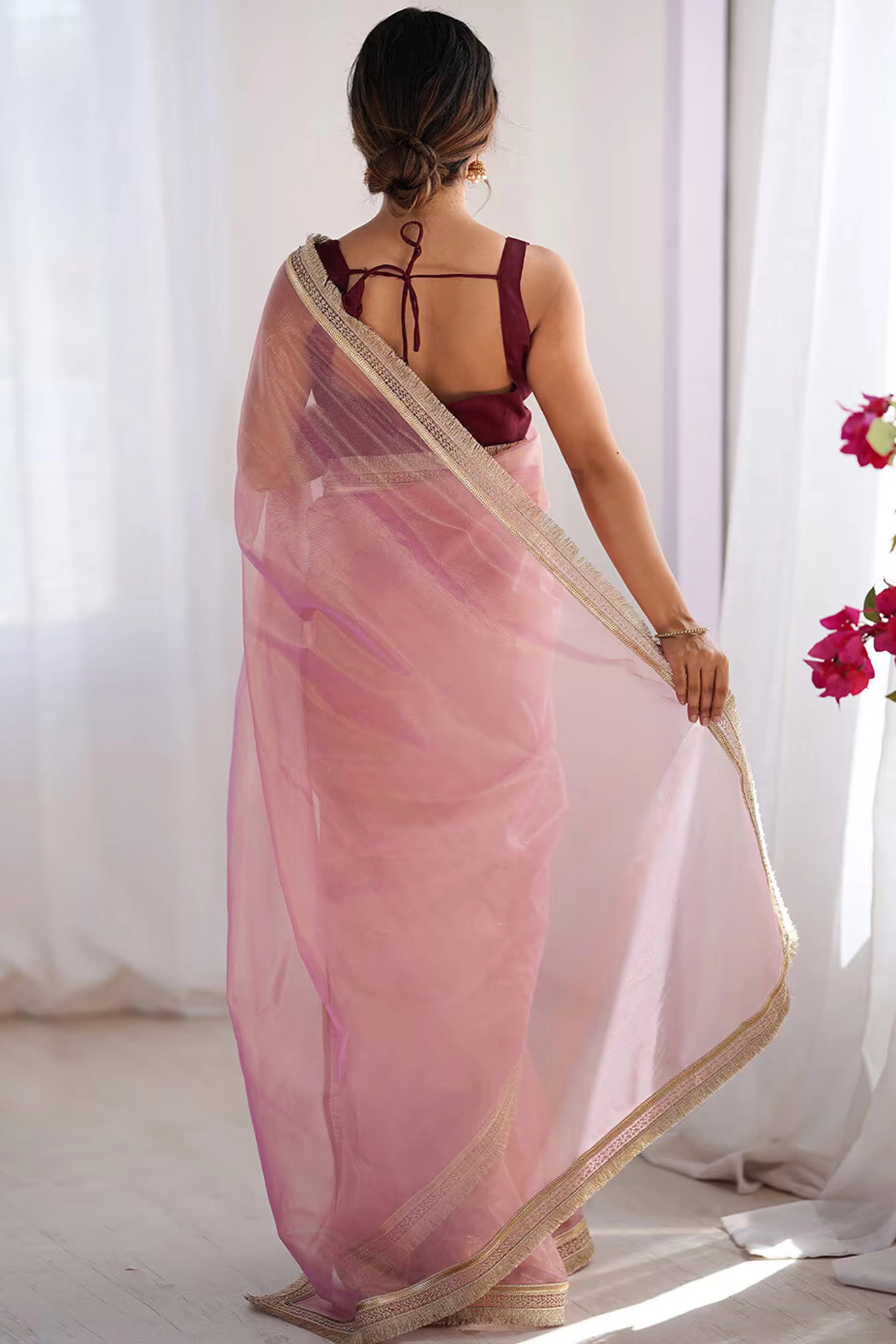 Feminine Rose Pink Solid Net Saree with Sophisticated Lace Border Work - Image 4