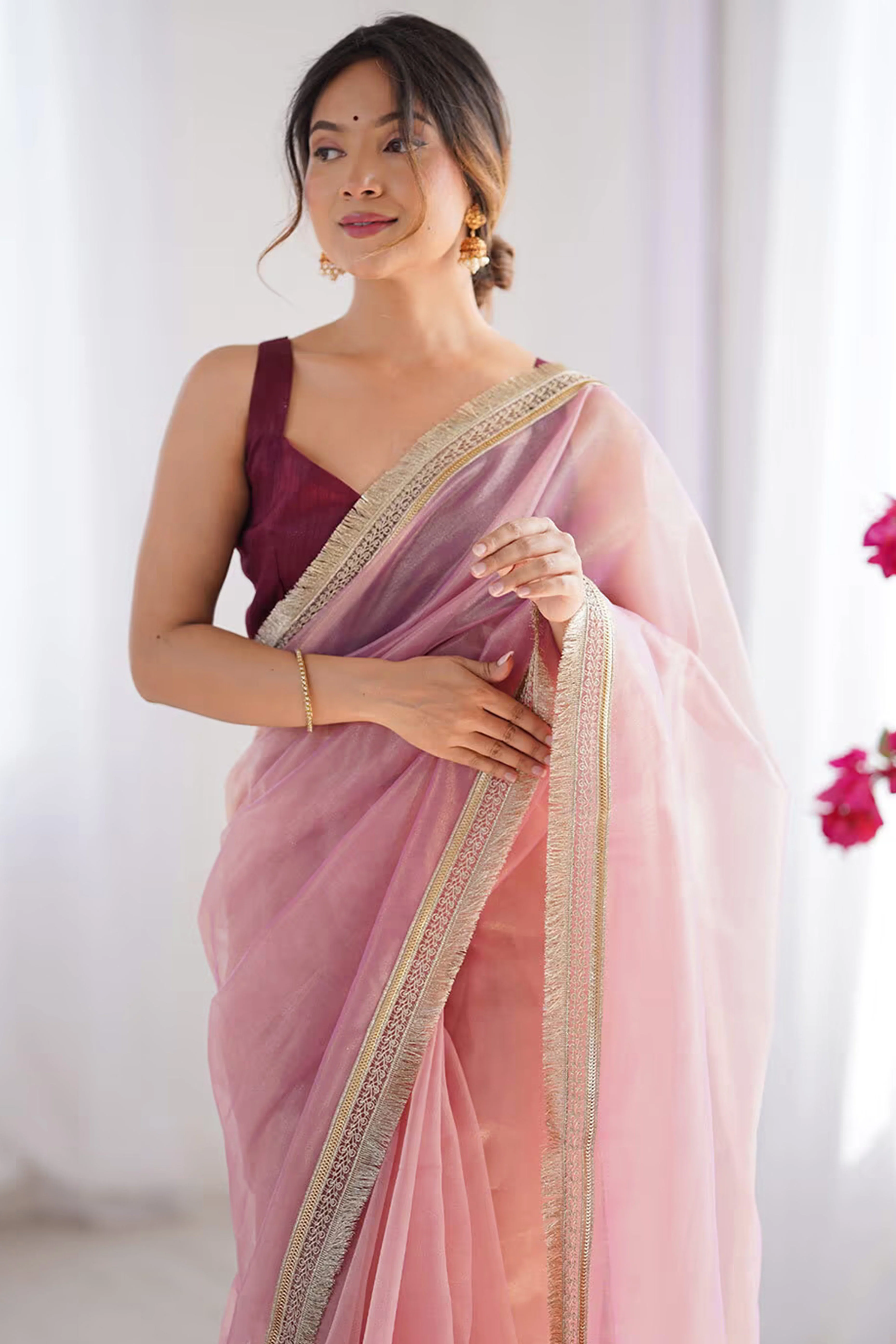 Feminine Rose Pink Solid Net Saree with Sophisticated Lace Border Work - Image 5