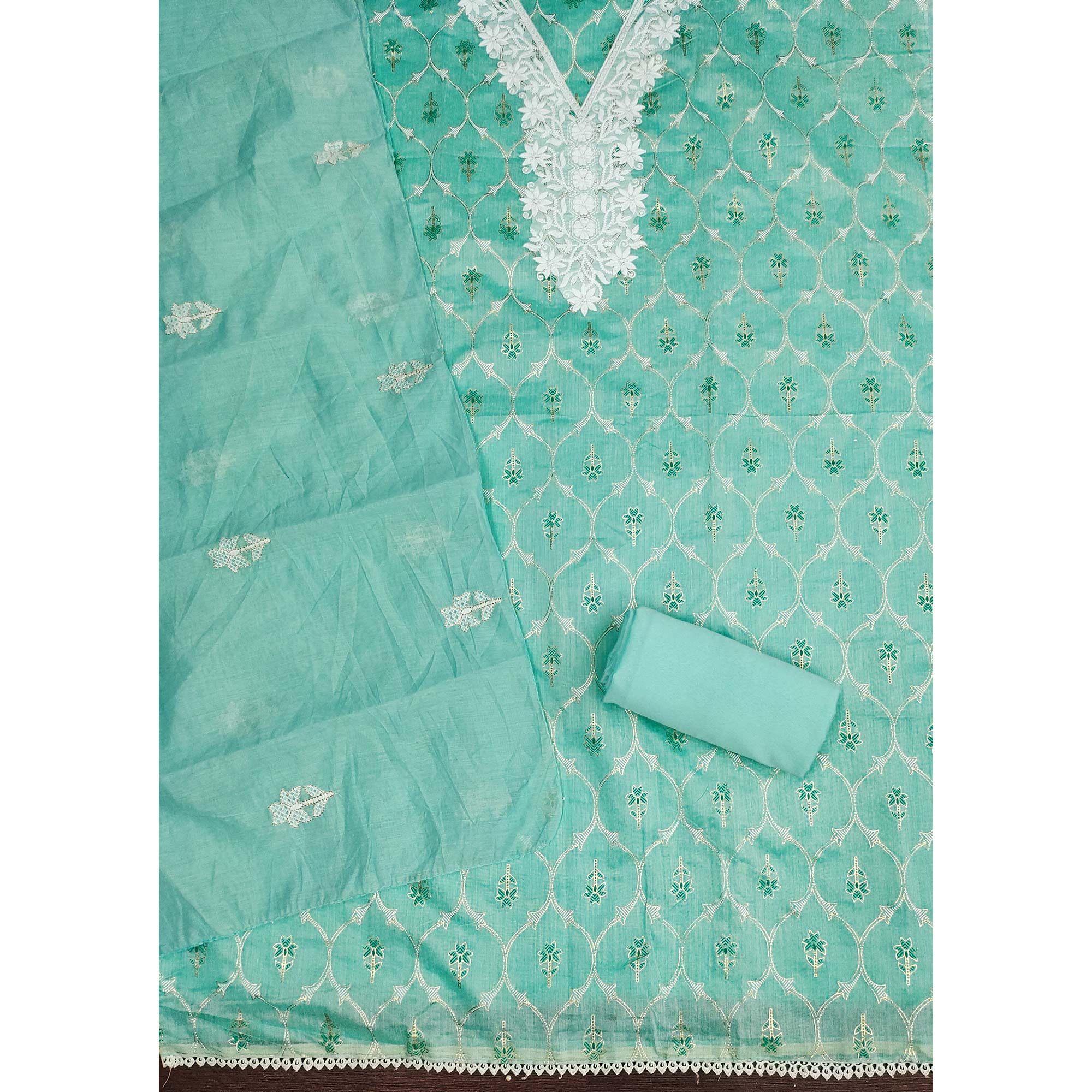 Feminine Turquoise Floral Thread Work Chanderi Silk Fabric for Traditional & Festive Outfits - Image 4