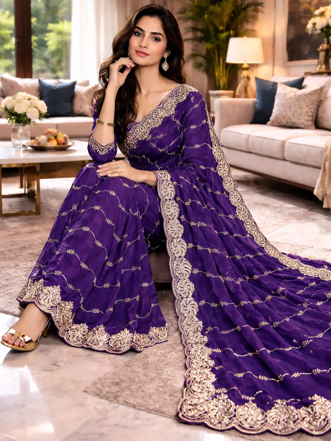 Feminine Violet Satin Saree with Sophisticated Embroidery Work
