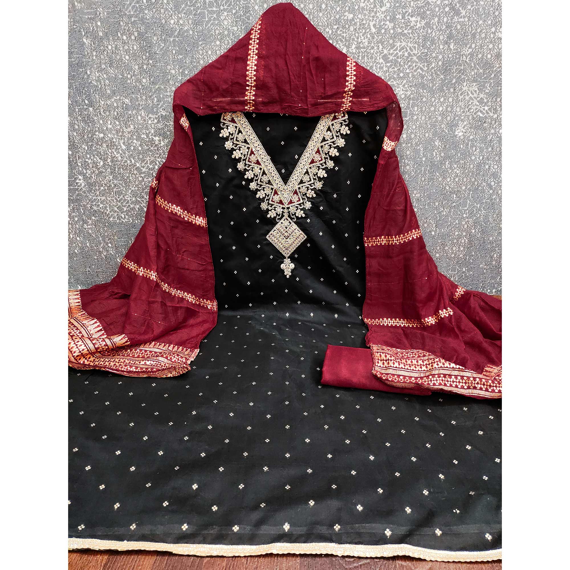 Festive Black Chanderi Silk Suit Material with Detailed Zari Weaving and Hand Embroidery - Image 3
