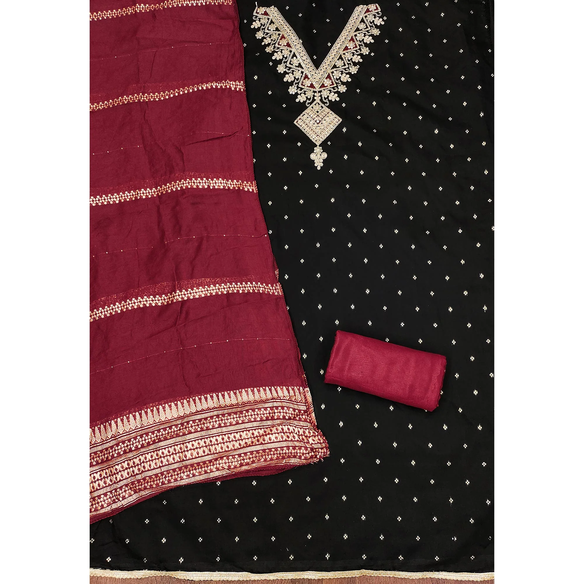 Festive Black Chanderi Silk Suit Material with Detailed Zari Weaving and Hand Embroidery - Image 4